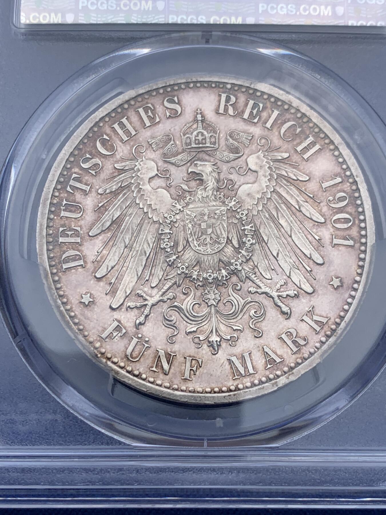 《竞宝斋》第354场 周日，周一，周二 3场连拍 （全场包邮） PCGS PR62 德国1901年普鲁士建国200周年纪念流通5马克银币 ，精制少見