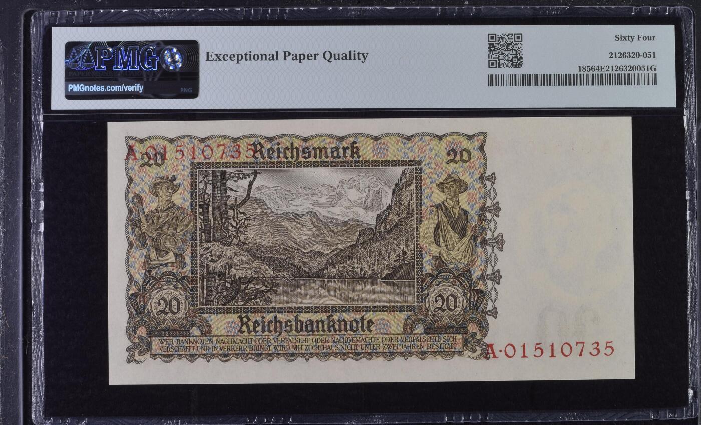 收藏联盟Quantum Auction 第409期拍卖 @征集拍品 长期供货可享分佣福利  1939年德国20马克  A冠 PMG64E Germany, Reichsbanknote, 20 Reichsmark 1939