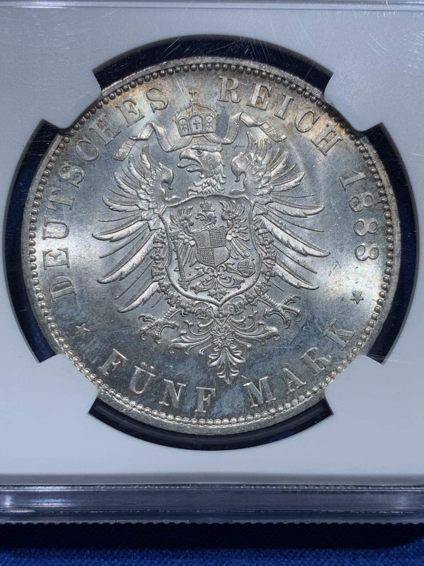 《竞宝斋》第353场 周日，周一，周二 3场连拍 （全场包邮） NGC MS63+ 德国1888年弗里德里希5马克大银币