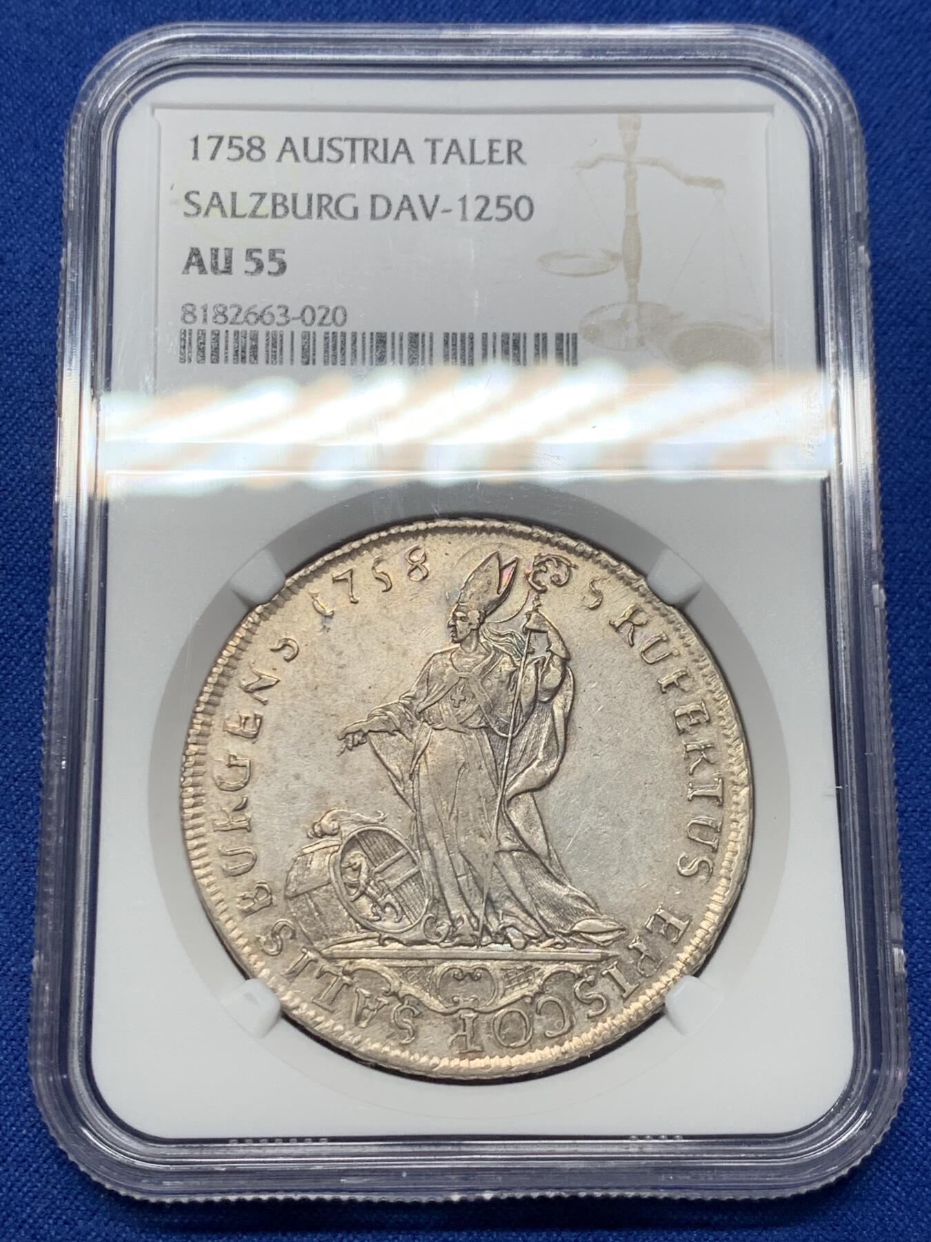 《竞宝斋》第353场 周日，周一，周二 3场连拍 （全场包邮） NGC AU55 萨尔茨堡 1758年 西格斯蒙德主教泰勒大银币 非常少见的一枚 状态极好 略微低评