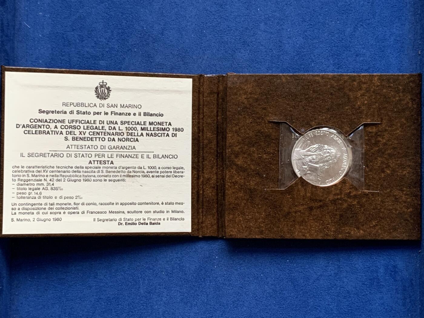 《竞宝斋》第353场 周日，周一，周二 3场连拍 （全场包邮） 卡装 圣马力诺1980年天主教隐修士1000里拉银币