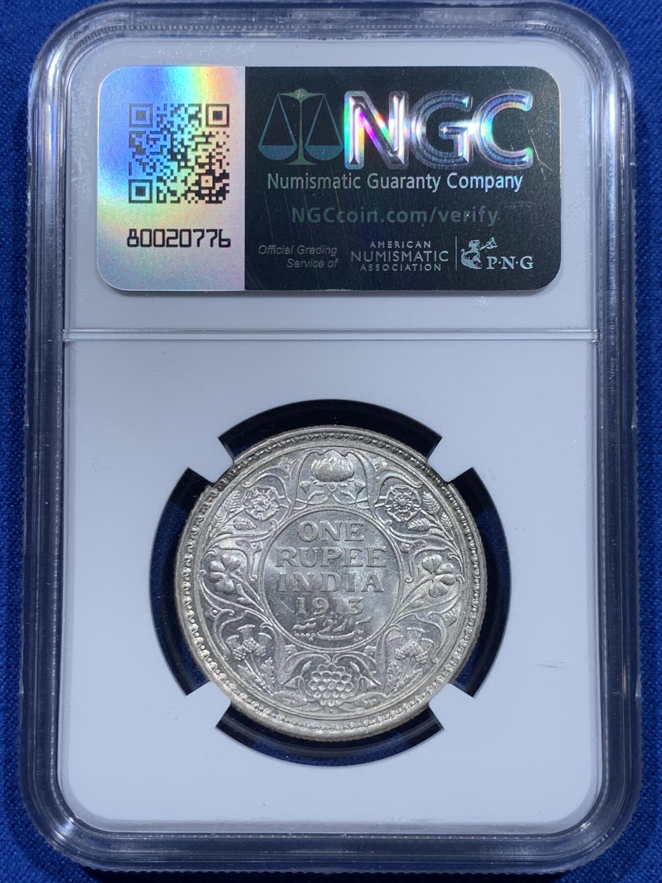 《竞宝斋》第354场 周日，周一，周二 3场连拍 （全场包邮） NGC MS62 英属印度 1913B 乔治五世1卢比银币