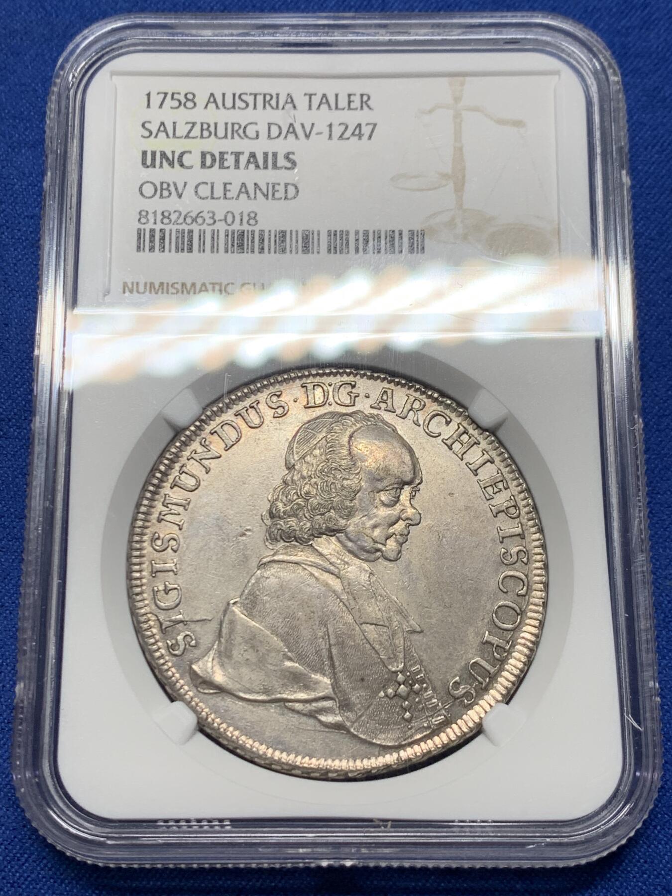 《竞宝斋》第354场 周日，周一，周二 3场连拍 （全场包邮） NGC UNC 萨尔茨堡 1758 亲王大主教西吉斯蒙德泰勒大银币 品种少见 可藏