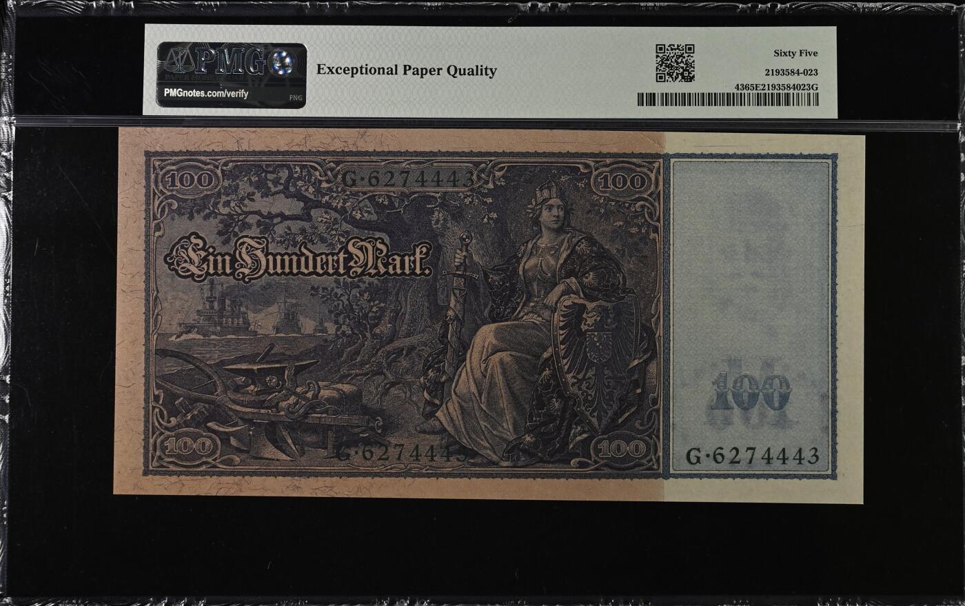 收藏联盟Quantum Auction 第409期拍卖 @征集拍品 长期供货可享分佣福利  1910年德国帝国银行100马克 绿色序列号 PMG65E Germany, Imperial Bank Note, 100 Mark 1910 (ND 1918-22) - Wmk: Man's Head