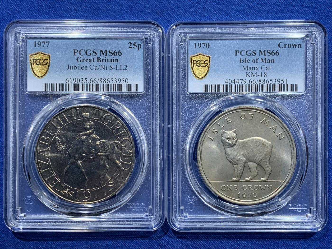 《竞宝斋》第353场 周日，周一，周二 3场连拍 （全场包邮） 两枚一组 PCGS MS66 英国1977年伊丽莎白女王登基25周年（银禧年）纪念25便士银币+马恩岛1970年伊丽莎白二世无尾猫1克朗纪念币