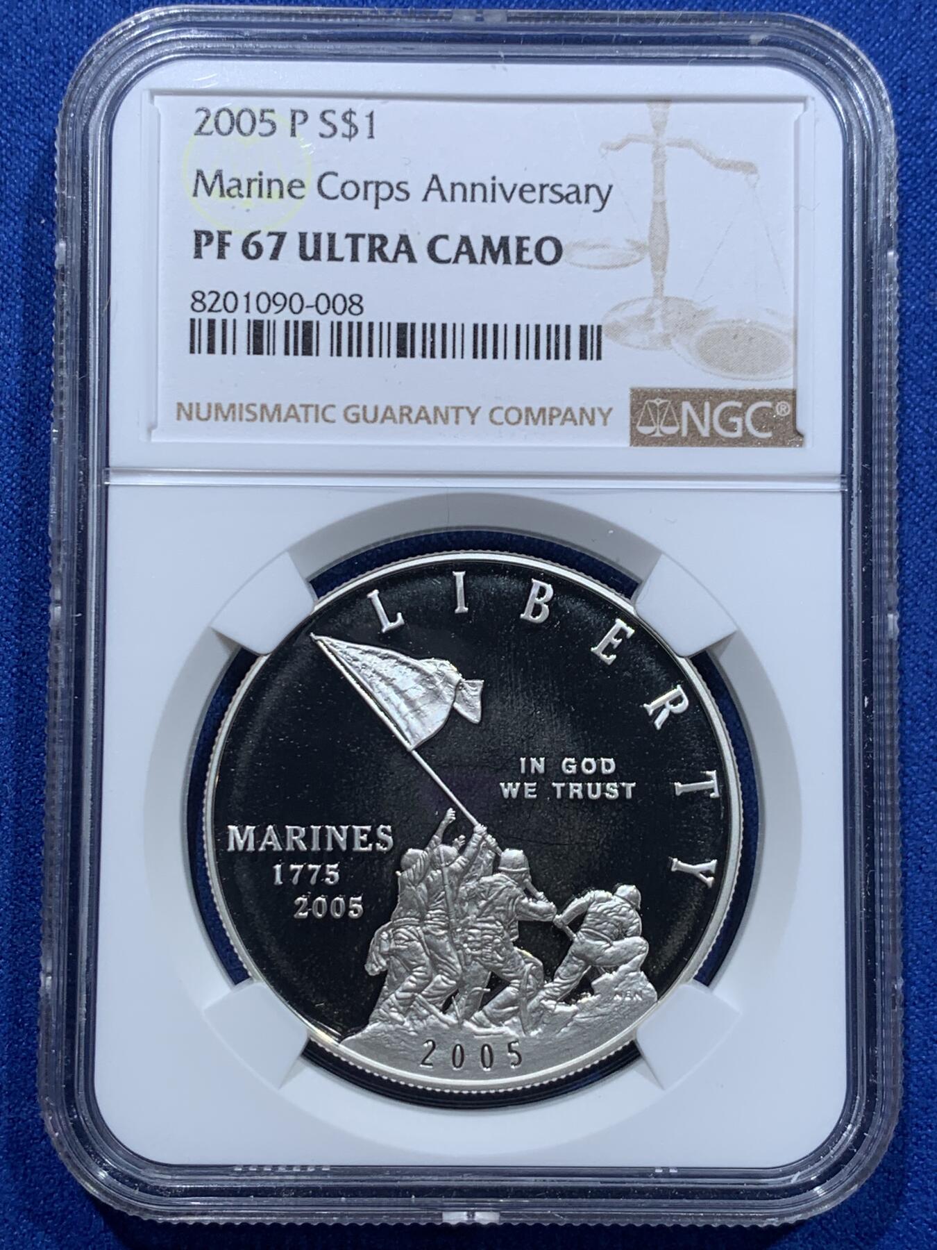 《竞宝斋》第353场 周日，周一，周二 3场连拍 （全场包邮） NGC PF67UC 美国2005年海军陆战队成立230周年精制纪念银币（2007年度克劳斯获奖币之最佳硬币及最佳克朗币）礼盒装