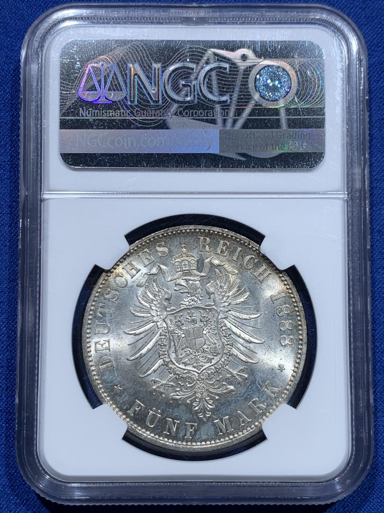 《竞宝斋》第353场 周日，周一，周二 3场连拍 （全场包邮） NGC MS63+ 德国1888年弗里德里希5马克大银币