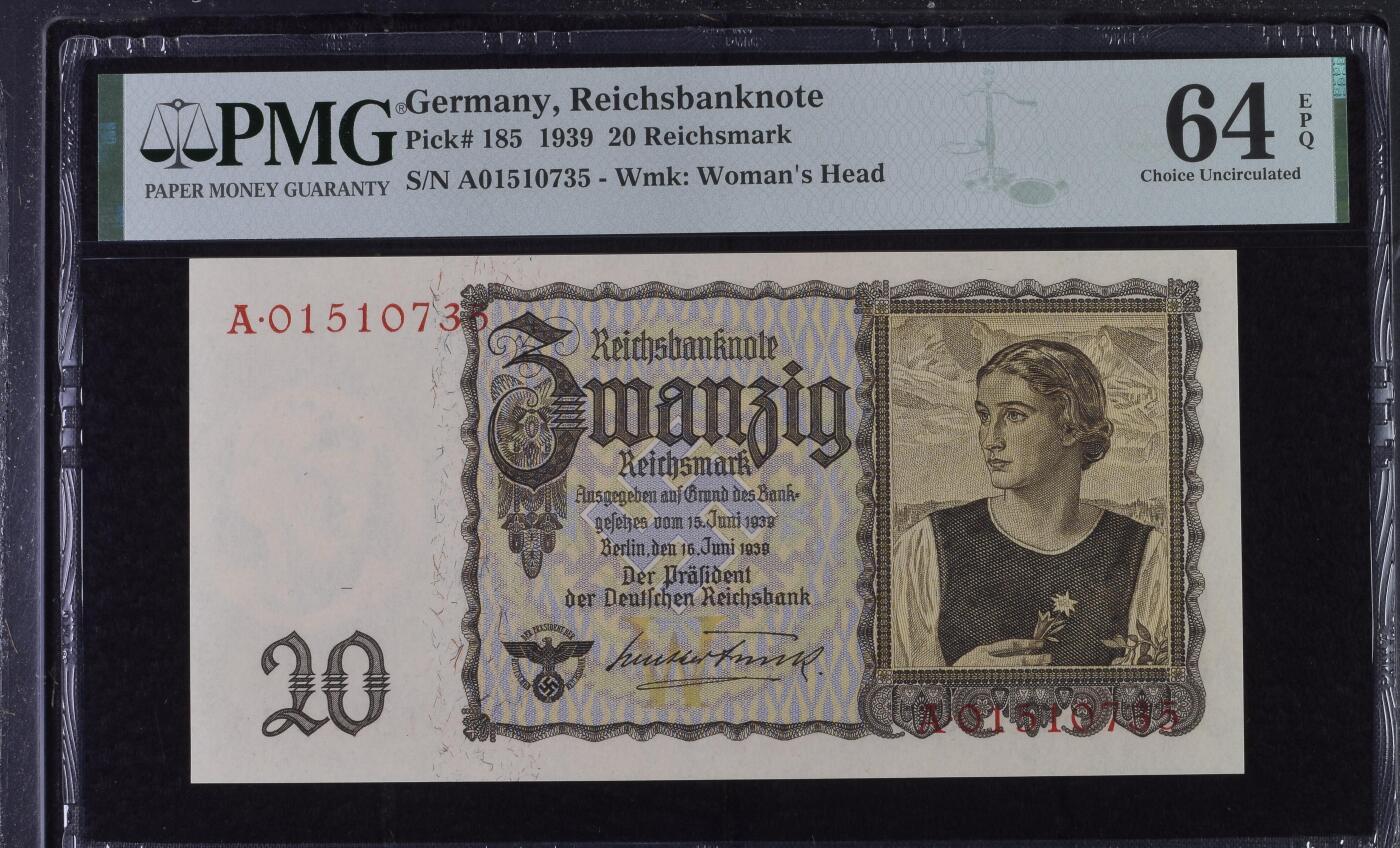 收藏联盟Quantum Auction 第409期拍卖 @征集拍品 长期供货可享分佣福利  1939年德国20马克  A冠 PMG64E Germany, Reichsbanknote, 20 Reichsmark 1939