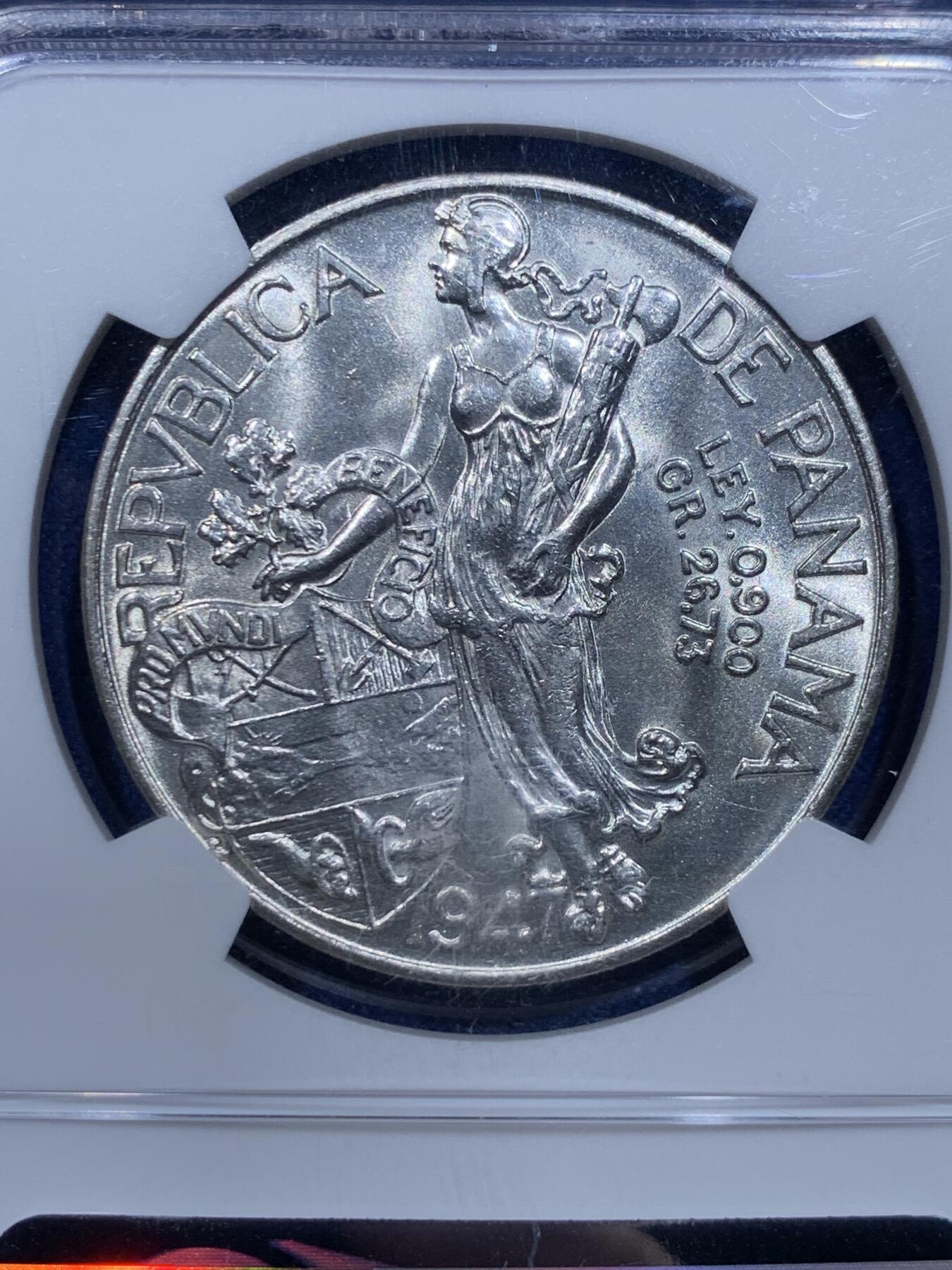 《竞宝斋》第354场 周日，周一，周二 3场连拍 （全场包邮） NGC MS63 巴拿马1947年美女与牛仔1巴波亚银币 背面女神图案漂亮