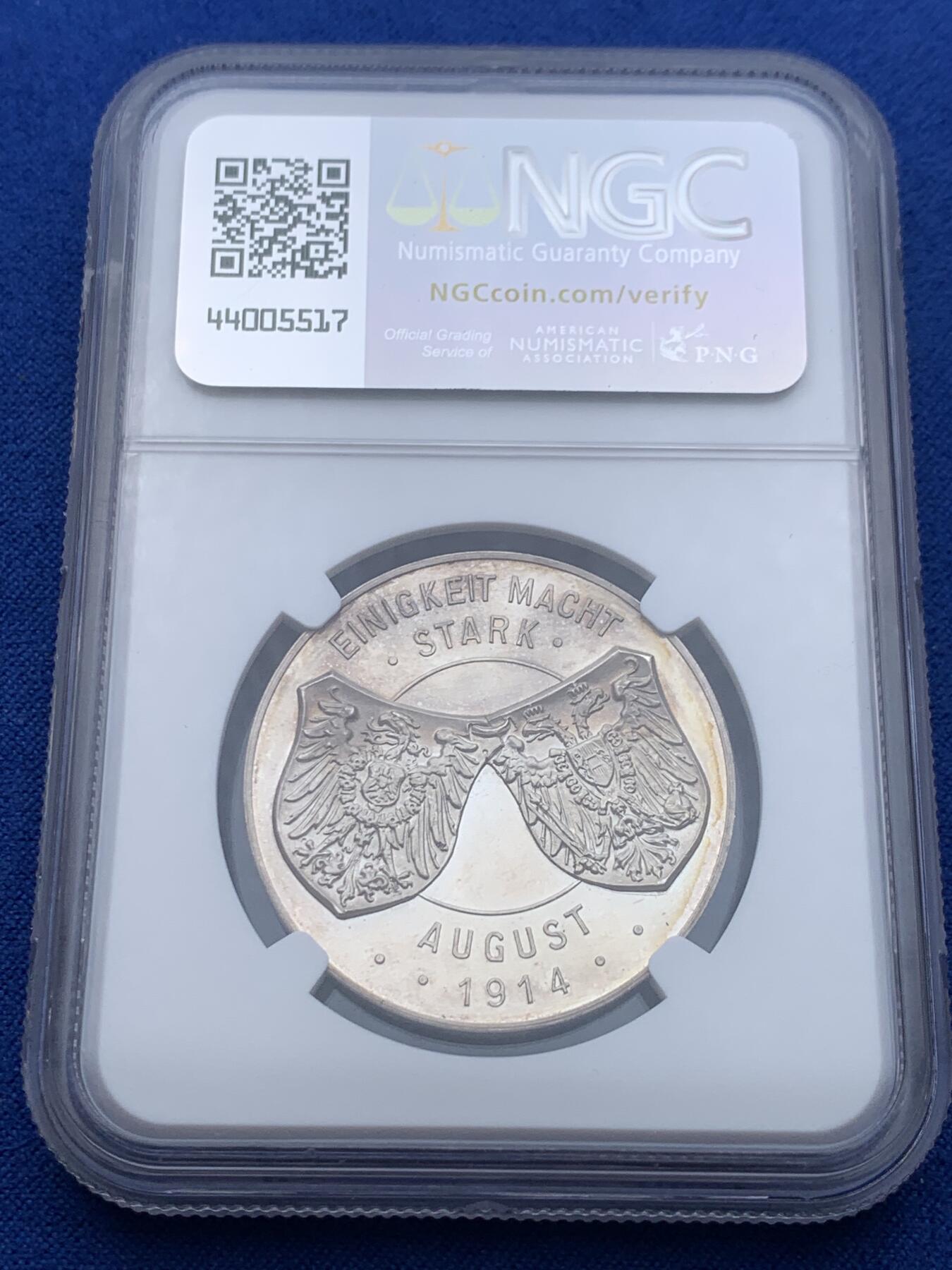 《竞宝斋》第354场 周日，周一，周二 3场连拍 （全场包邮） NGC MS62PL 德国1914年德奥同盟纪念银章 德奥首脑与盾徽结合 深度镜面感类精制工艺 浮雕感极强