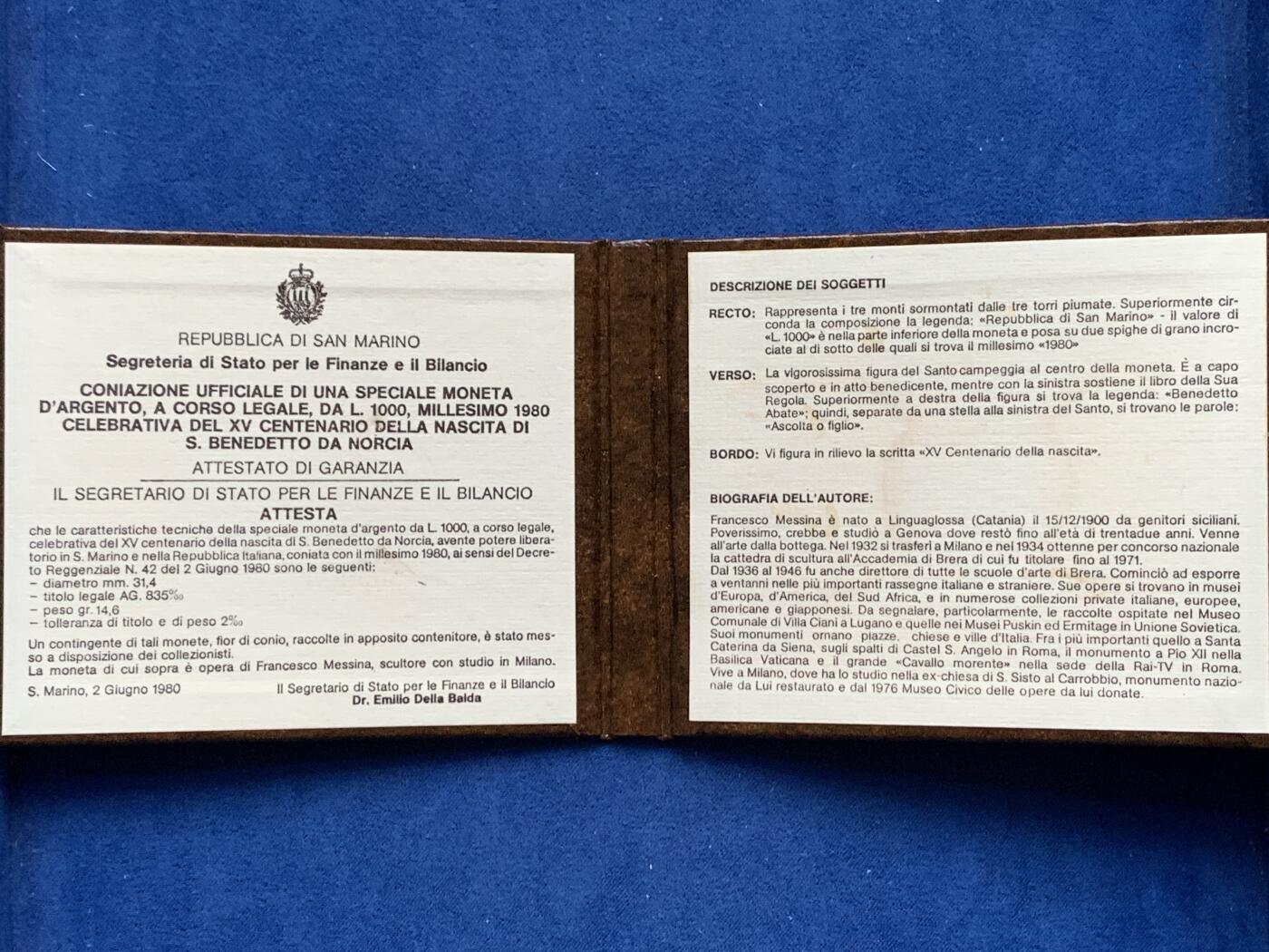 《竞宝斋》第353场 周日，周一，周二 3场连拍 （全场包邮） 卡装 圣马力诺1980年天主教隐修士1000里拉银币