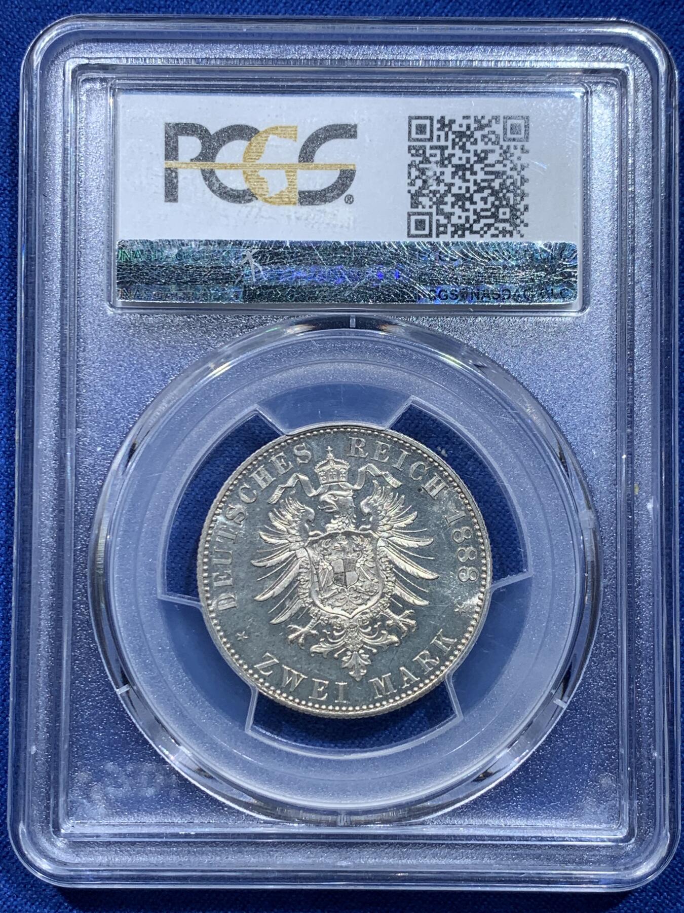 《竞宝斋》第353场 周日，周一，周二 3场连拍 （全场包邮） PCGS PR63 德国1888年腓特烈三世 精制2马克银币 稀少品种 普制已经少见了，精制更难得