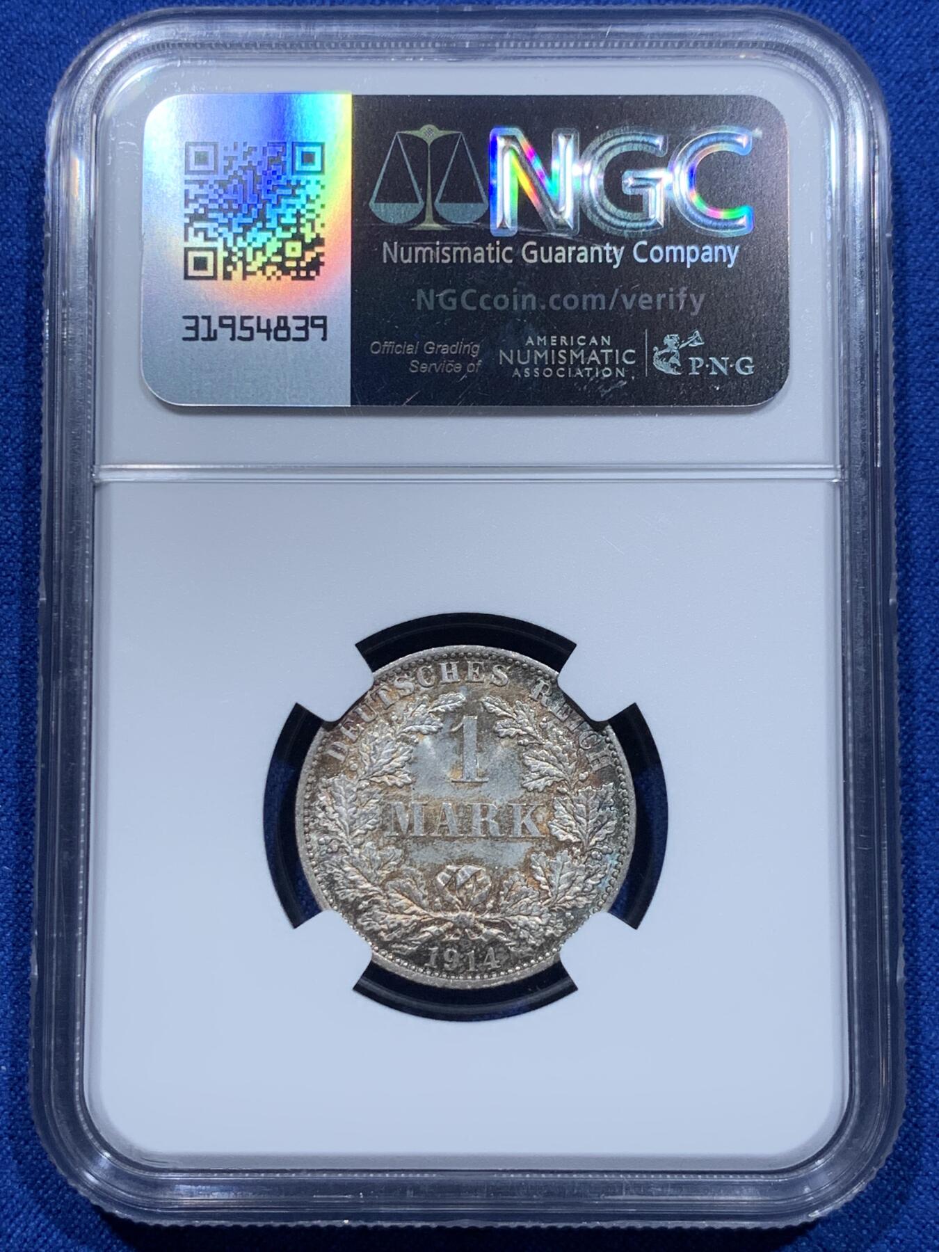 《竞宝斋》第353场 周日，周一，周二 3场连拍 （全场包邮） NGC MS64 德国1914年1马克银币，双面淡彩包浆