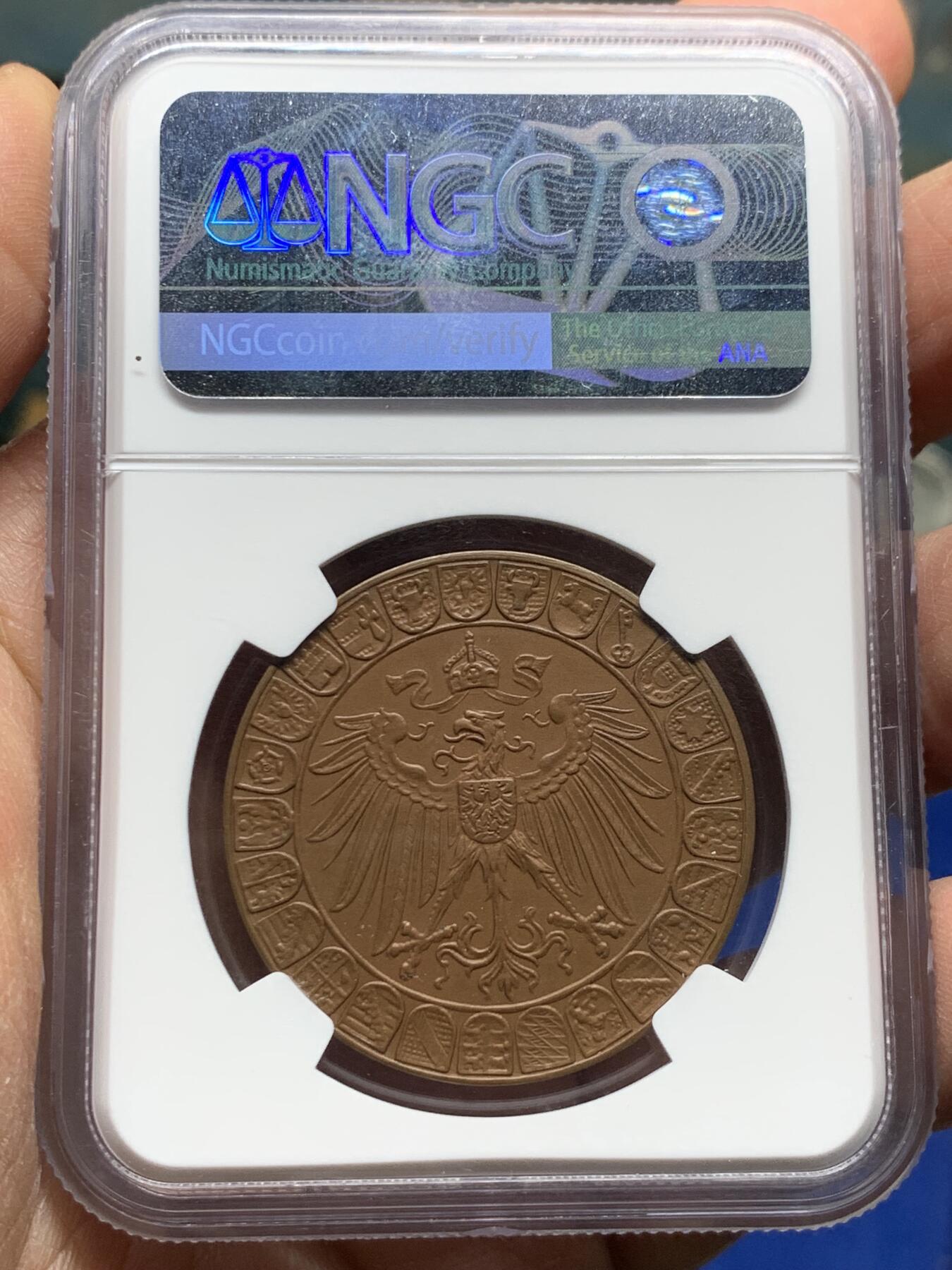 《竞宝斋》第354场 周日，周一，周二 3场连拍 （全场包邮） PCGS MS63BN 德国1931年普鲁士建国60周年纪念铜章 N标准盒，直径不超过45mm