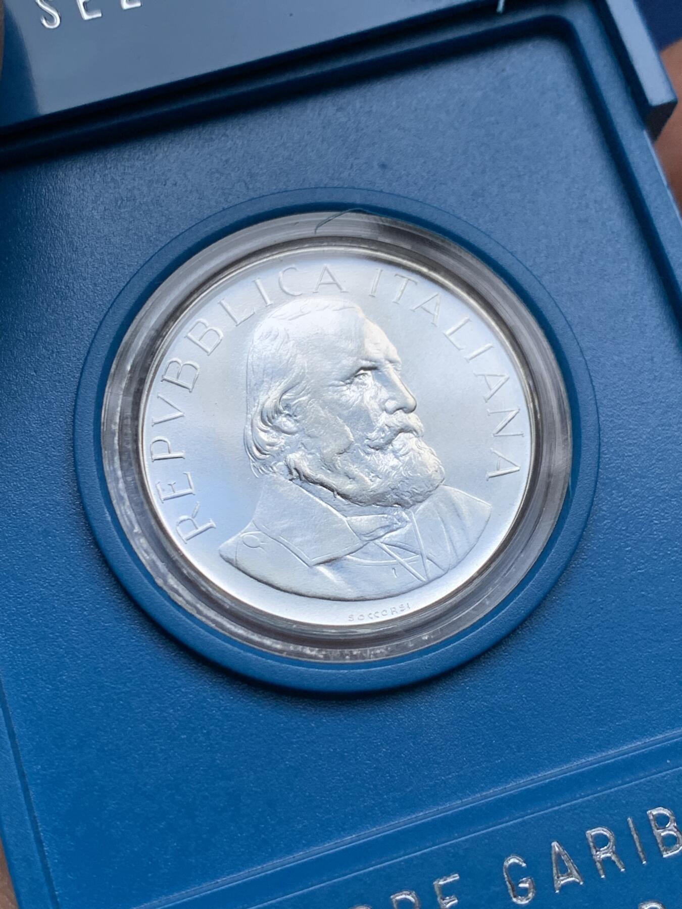 《竞宝斋》第353场 周日，周一，周二 3场连拍 （全场包邮） 意大利1982年副首相朱塞佩•加里波第逝世100周年纪念500里拉银币 带盒证