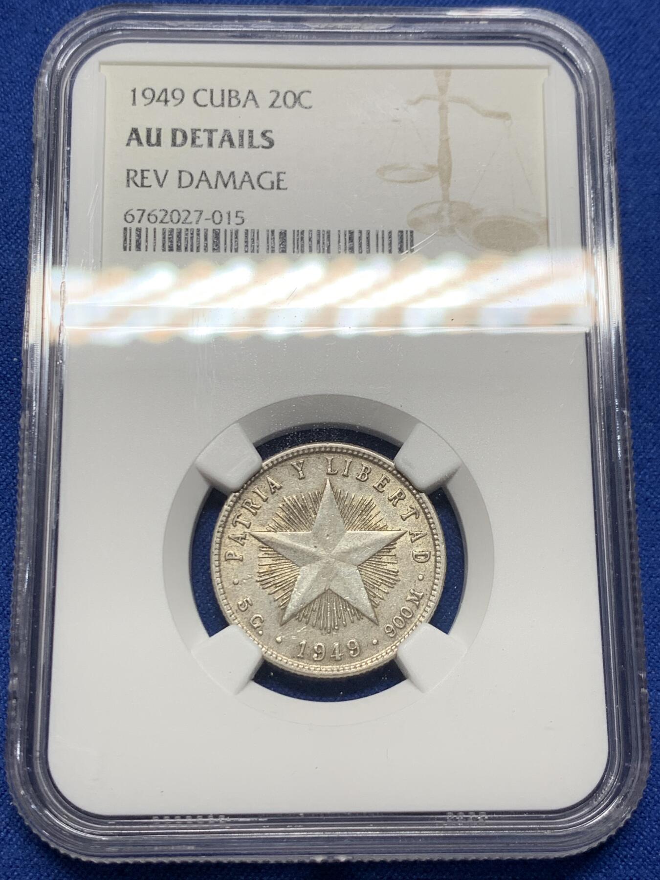 《竞宝斋》第354场 周日，周一，周二 3场连拍 （全场包邮） NGC AUD 古巴1949年五星20分银币