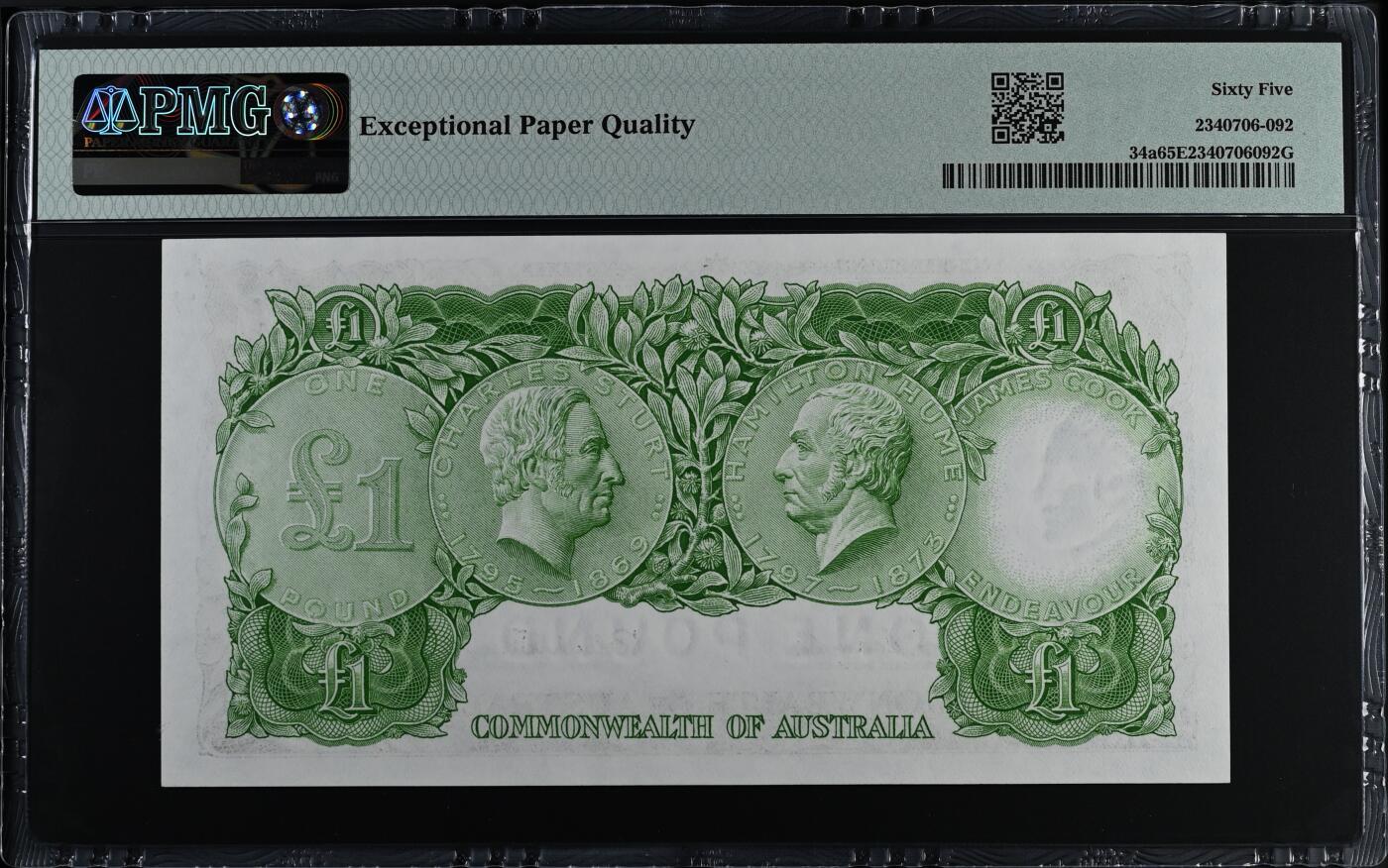 收藏联盟Quantum Auction 第409期拍卖 @征集拍品 长期供货可享分佣福利  1961-65年澳大利亚联邦版1镑 PMG65E Commonwealth of Australia, Reserve Bank, �1 R34    ND (1961-65) - Wmk: Cook