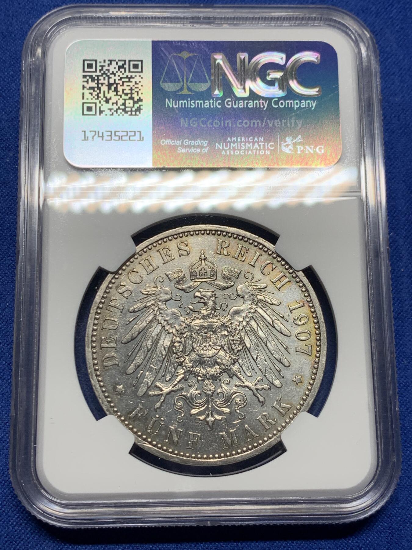 《竞宝斋》第354场 周日，周一，周二 3场连拍 （全场包邮） NGC AUD 德国1907年普鲁士威廉二世5马克银币
