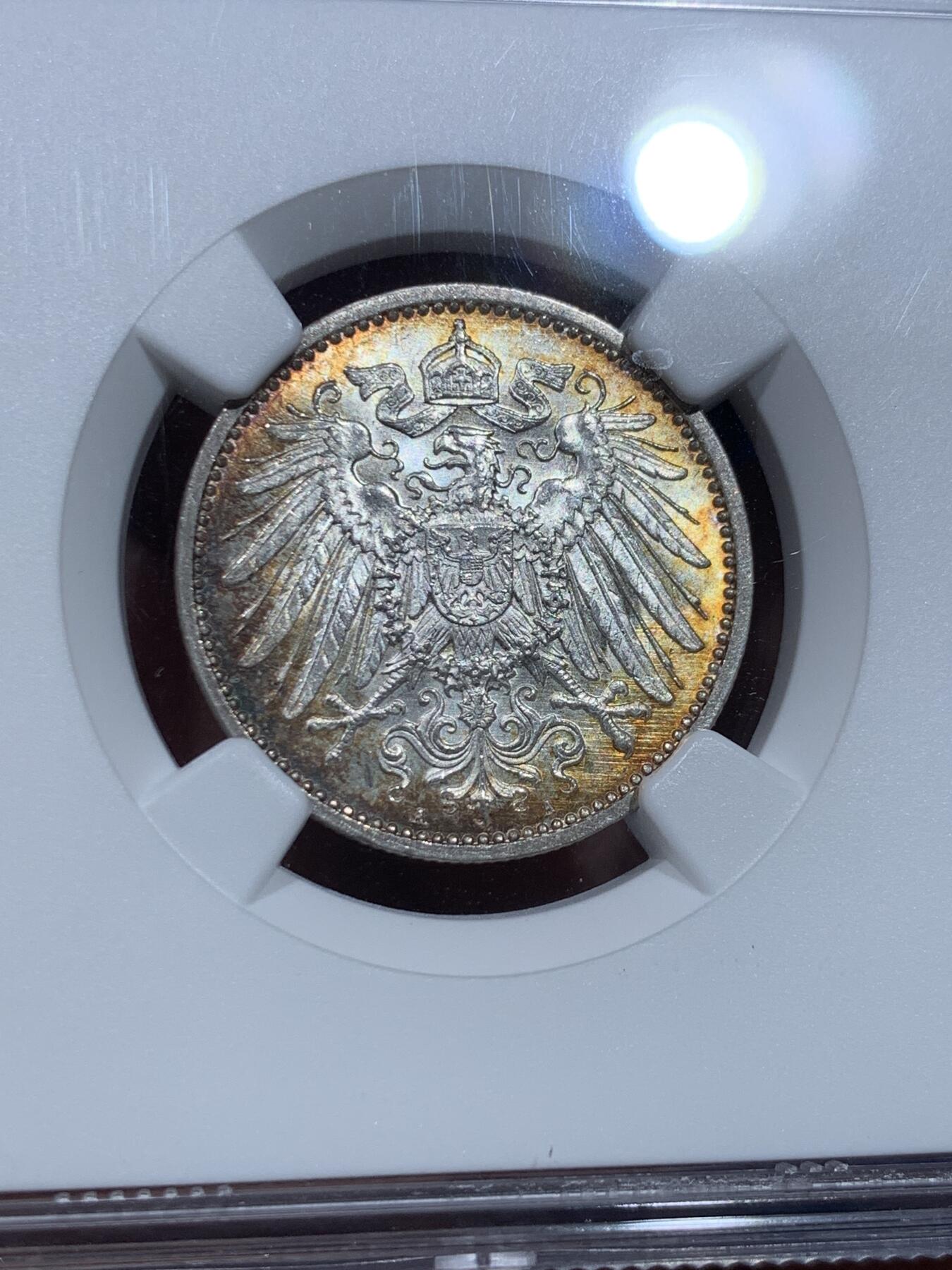 《竞宝斋》第353场 周日，周一，周二 3场连拍 （全场包邮） NGC MS64 德国1914年1马克银币，双面淡彩包浆