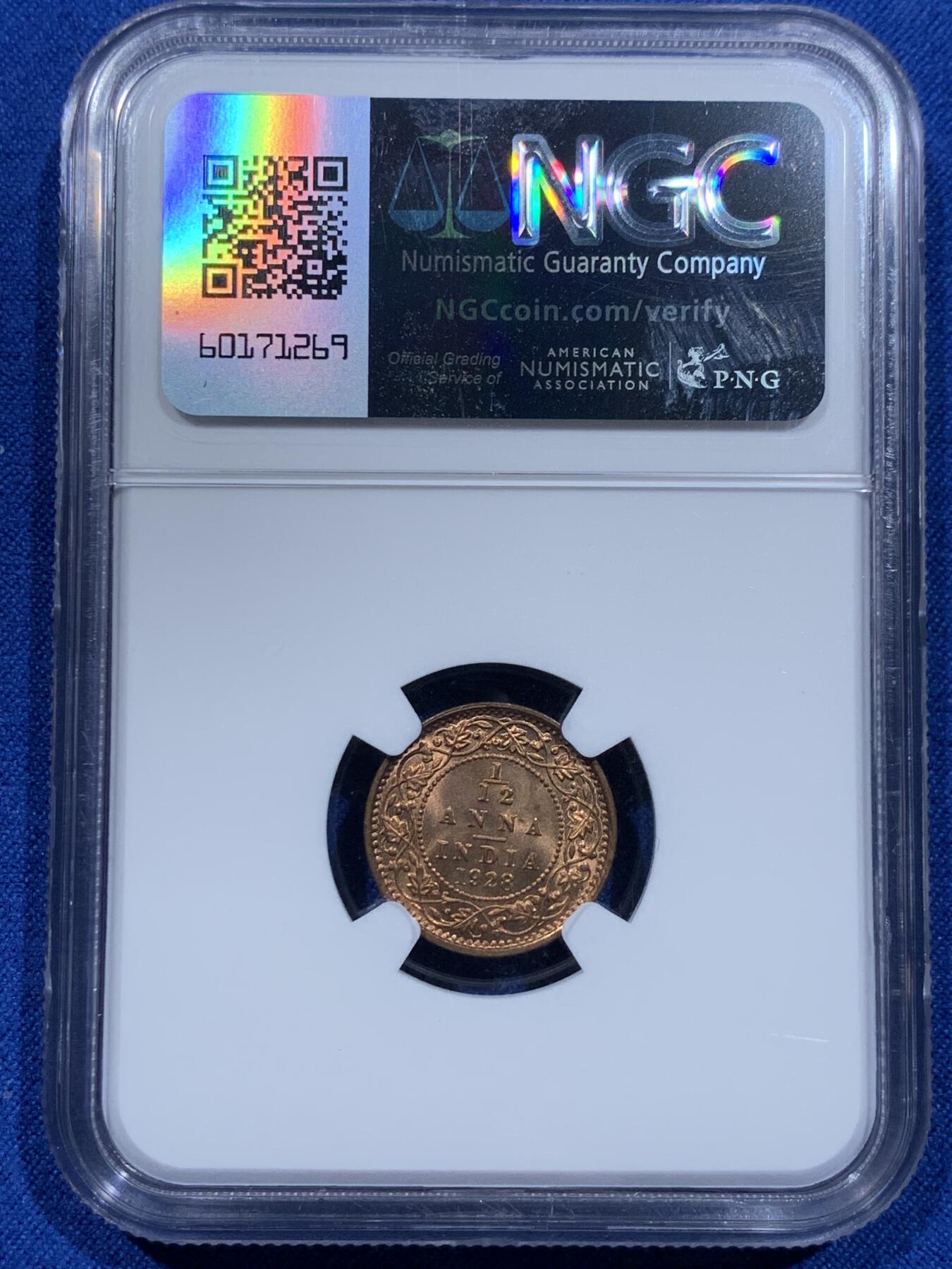 《竞宝斋》第354场 周日，周一，周二 3场连拍 （全场包邮） NGC MS66RB 英属印度 1928年（C）1/12A 铜币 冠军高分