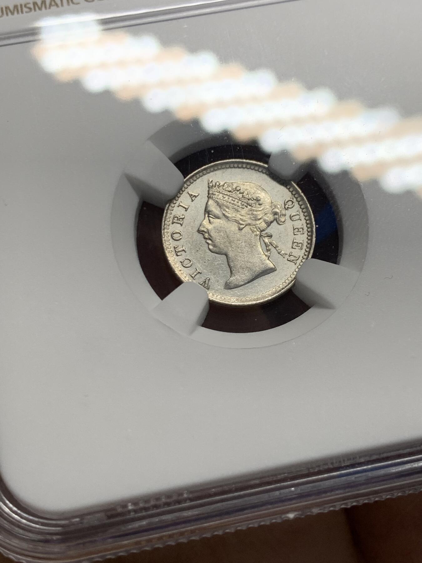 《竞宝斋》第353场 周日，周一，周二 3场连拍 （全场包邮） NGC UNC 香港 1894年 维多利亚 五仙 银币 原光币