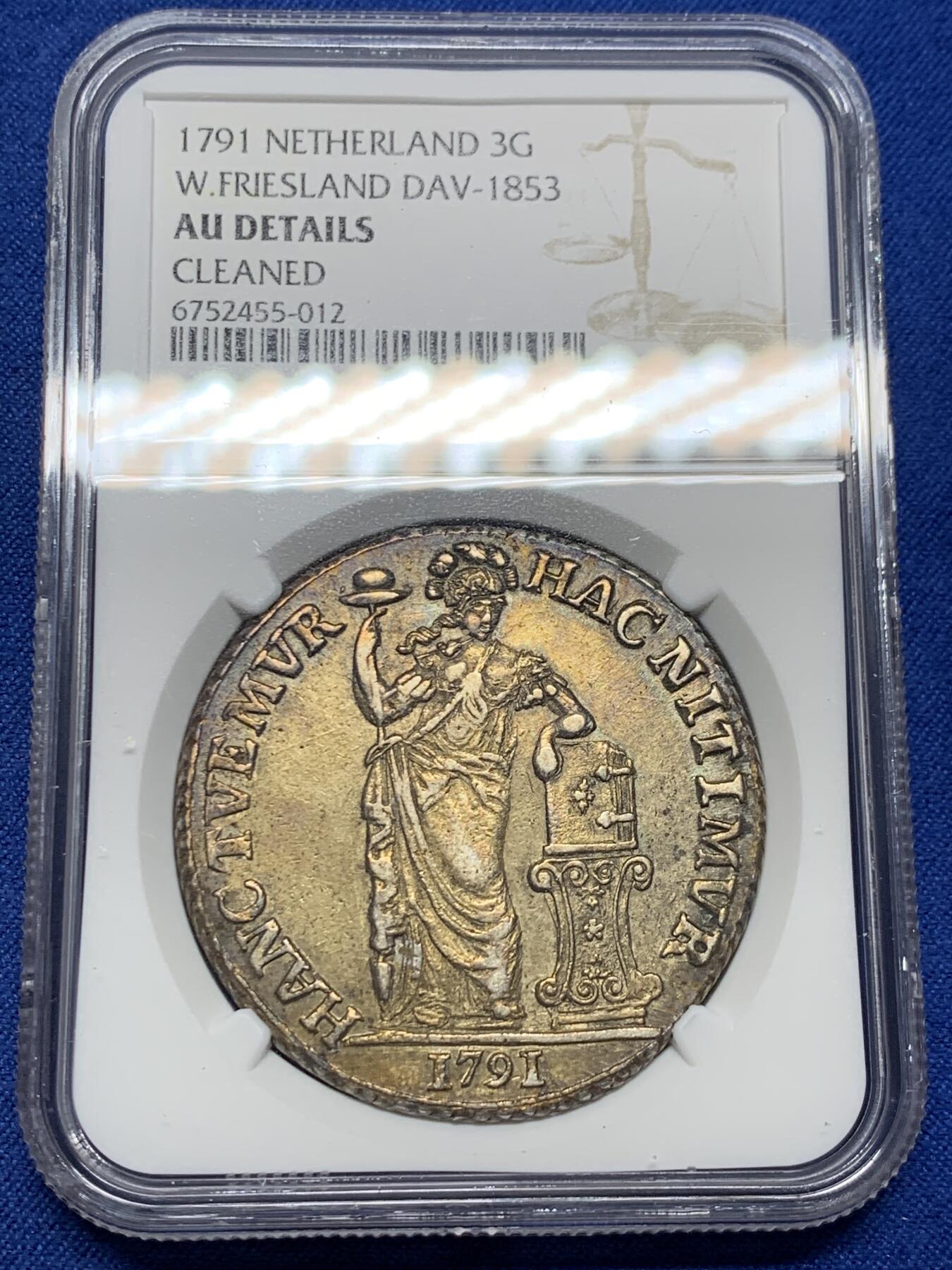 《竞宝斋》第354场 周日，周一，周二 3场连拍 （全场包邮） NGC AUD 荷兰1791年西弗里斯兰省站人3盾大银币 人物脸部清晰