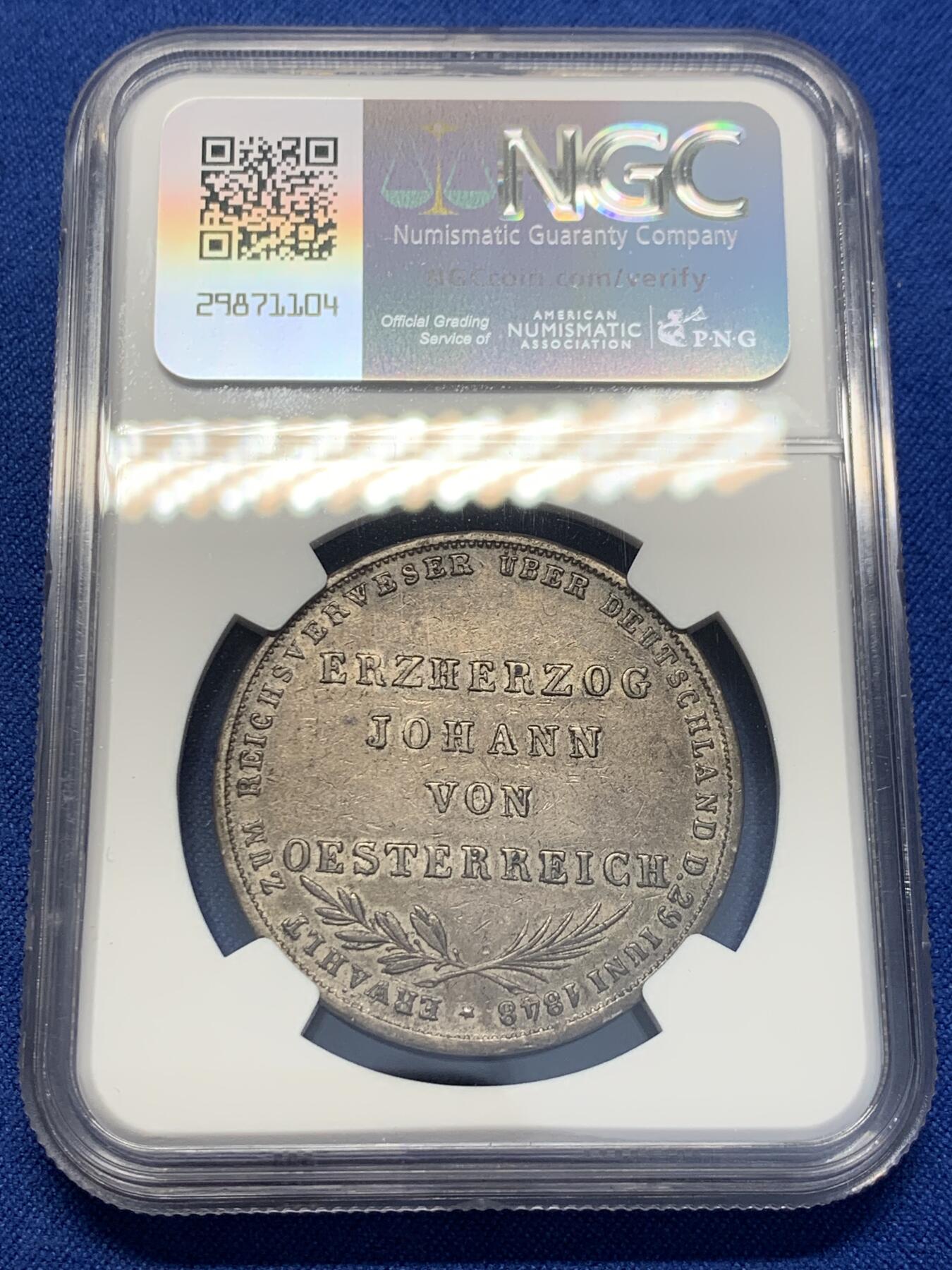 《竞宝斋》第353场 周日，周一，周二 3场连拍 （全场包邮） NGC AU53 德国1848年法兰克福双头鹰2盾银币