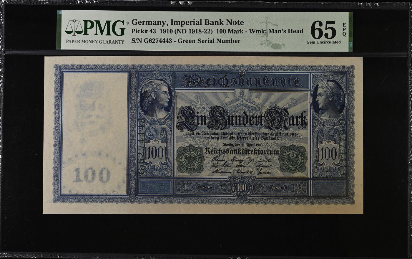 收藏联盟Quantum Auction 第409期拍卖 @征集拍品 长期供货可享分佣福利  1910年德国帝国银行100马克 绿色序列号 PMG65E Germany, Imperial Bank Note, 100 Mark 1910 (ND 1918-22) - Wmk: Man's Head