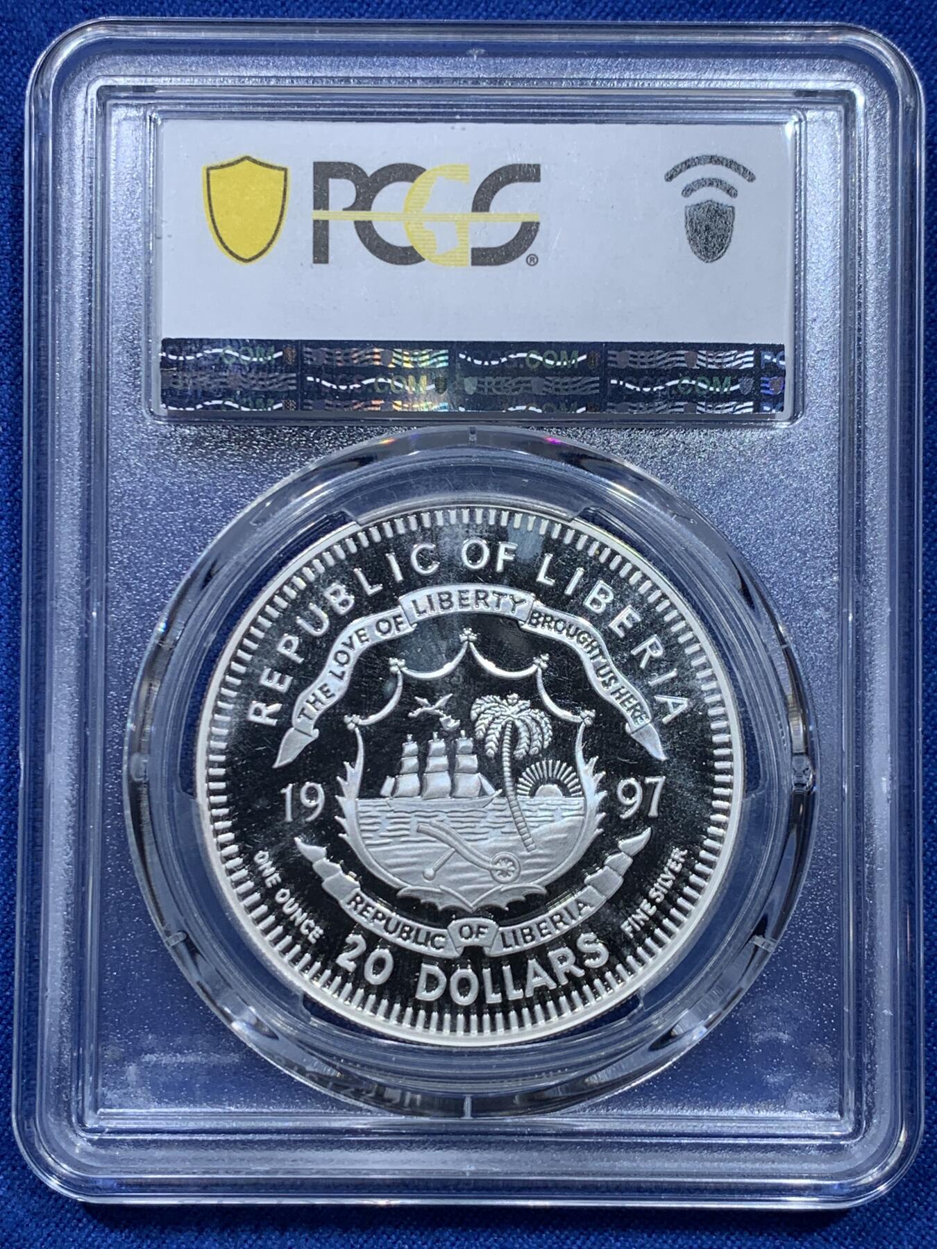 《竞宝斋》第353场 周日，周一，周二 3场连拍 （全场包邮） PCGS PR68DCAM 利比里亚1997年20元精制银币 邓小平逝世 1盎司999银 更高评级数量：5枚