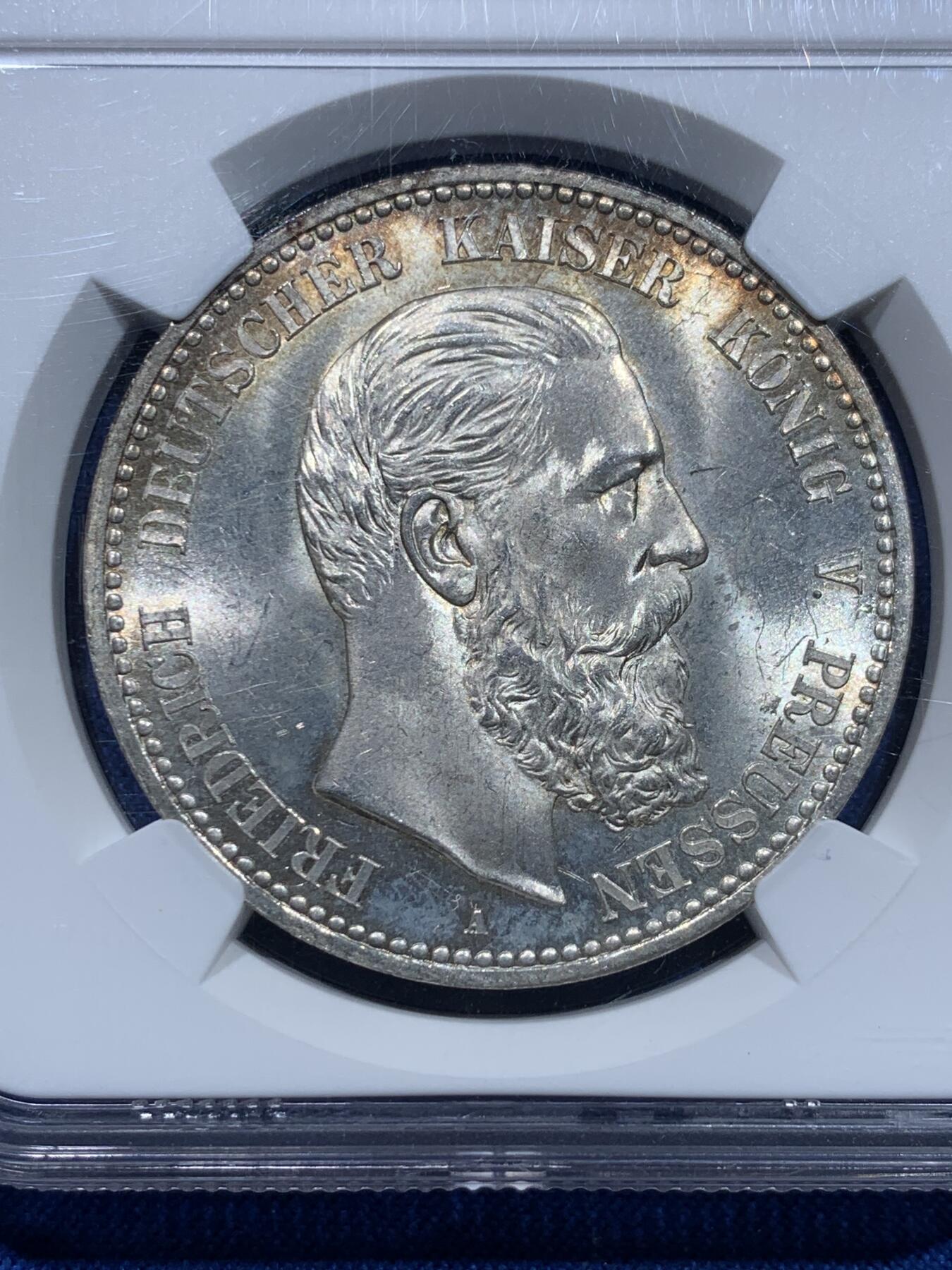 《竞宝斋》第353场 周日，周一，周二 3场连拍 （全场包邮） NGC MS63+ 德国1888年弗里德里希5马克大银币