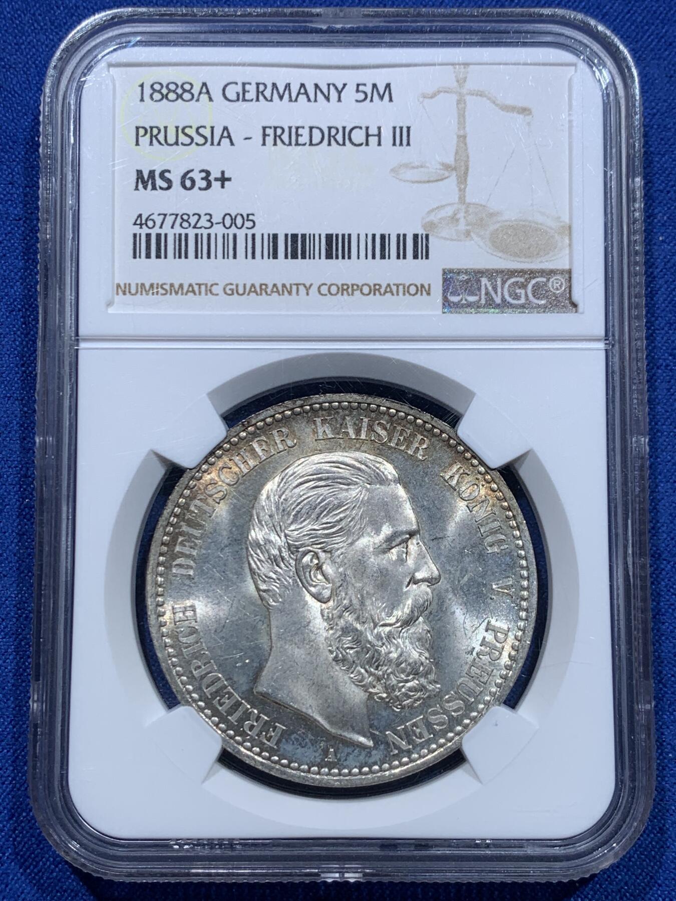 《竞宝斋》第353场 周日，周一，周二 3场连拍 （全场包邮） NGC MS63+ 德国1888年弗里德里希5马克大银币