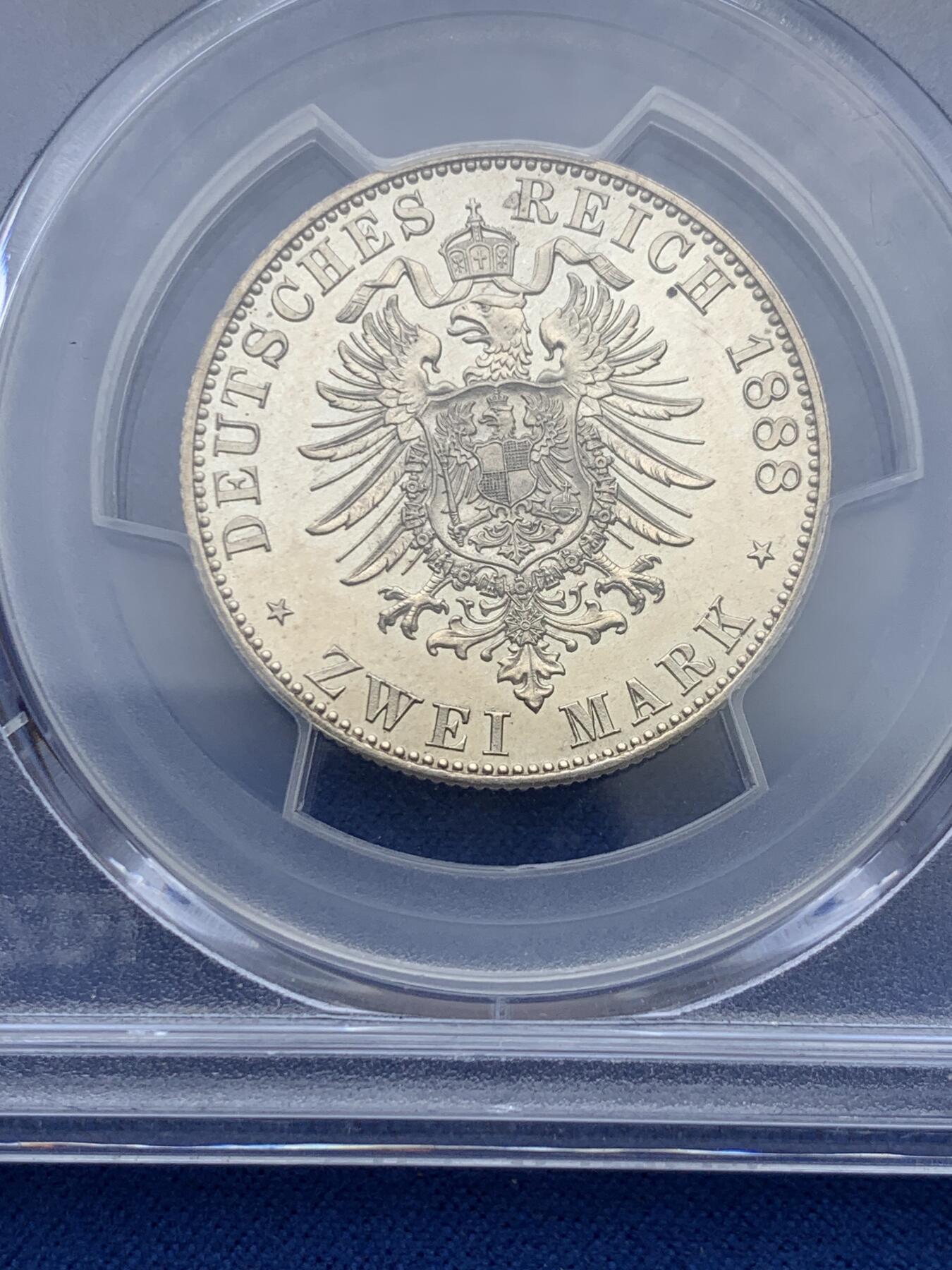 《竞宝斋》第353场 周日，周一，周二 3场连拍 （全场包邮） PCGS PR63 德国1888年腓特烈三世 精制2马克银币 稀少品种 普制已经少见了，精制更难得