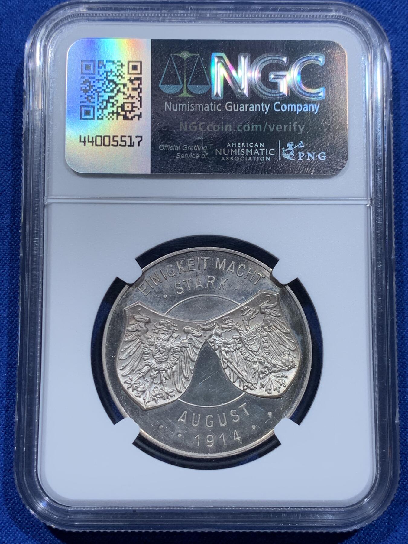 《竞宝斋》第354场 周日，周一，周二 3场连拍 （全场包邮） NGC MS62PL 德国1914年德奥同盟纪念银章 德奥首脑与盾徽结合 深度镜面感类精制工艺 浮雕感极强