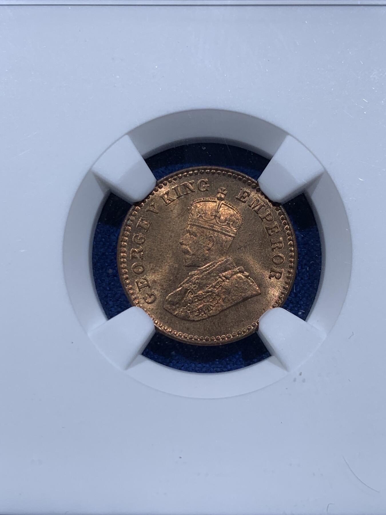 《竞宝斋》第354场 周日，周一，周二 3场连拍 （全场包邮） NGC MS66RB 英属印度 1928年（C）1/12A 铜币 冠军高分