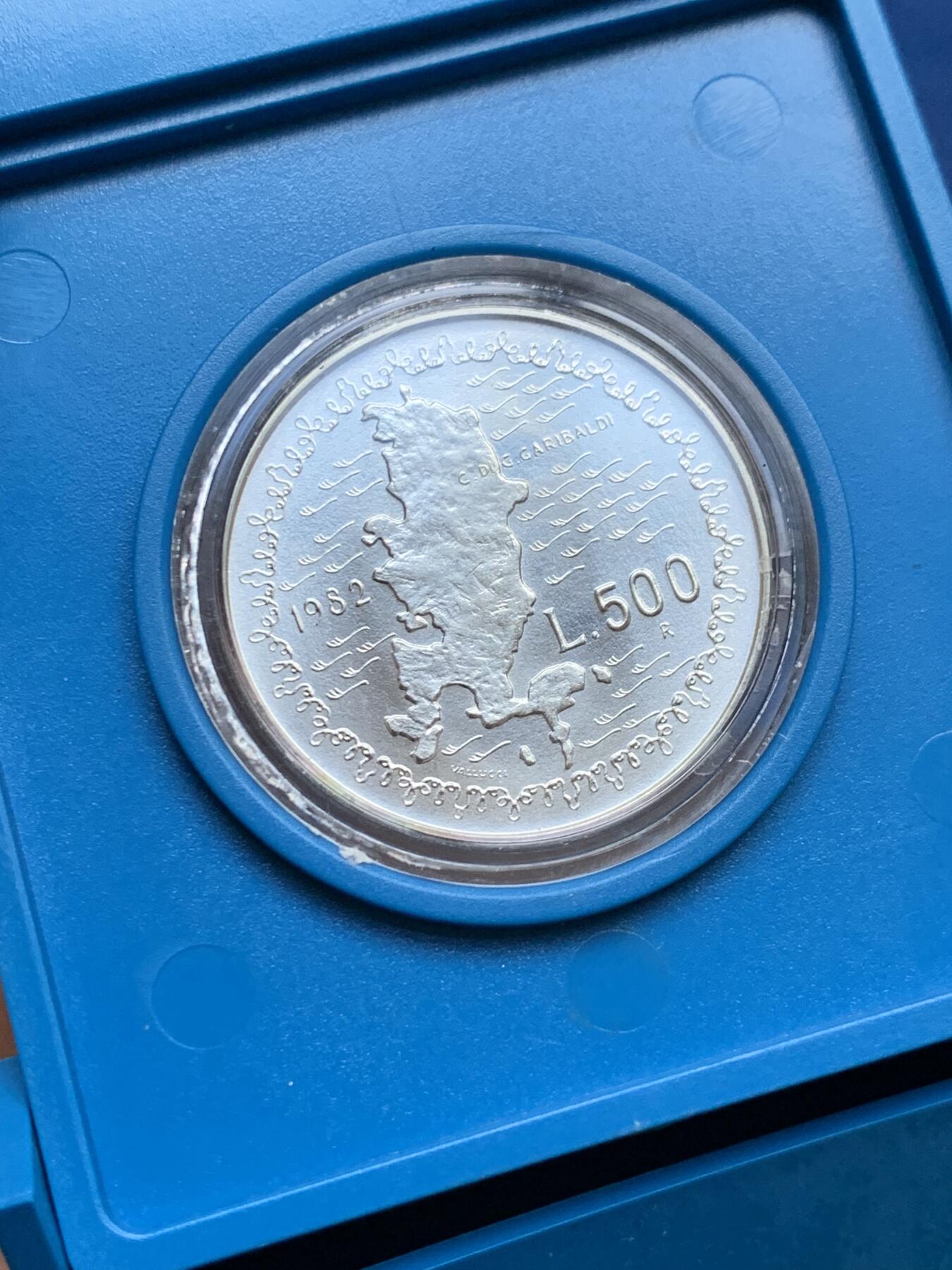 《竞宝斋》第353场 周日，周一，周二 3场连拍 （全场包邮） 意大利1982年副首相朱塞佩•加里波第逝世100周年纪念500里拉银币 带盒证