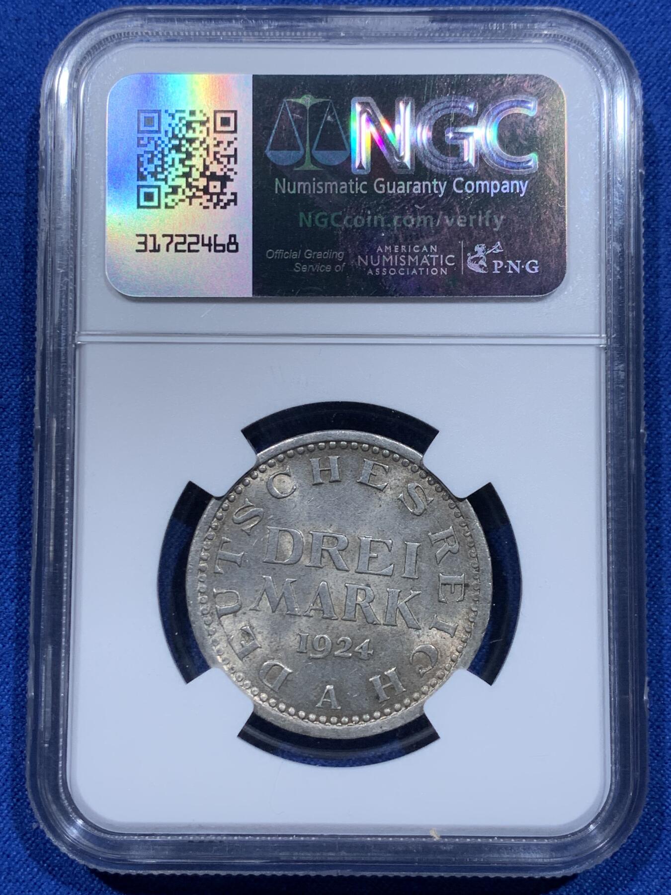 《竞宝斋》第354场 周日，周一，周二 3场连拍 （全场包邮） NGC MS63 德国魏玛共和国1924年3马克银币