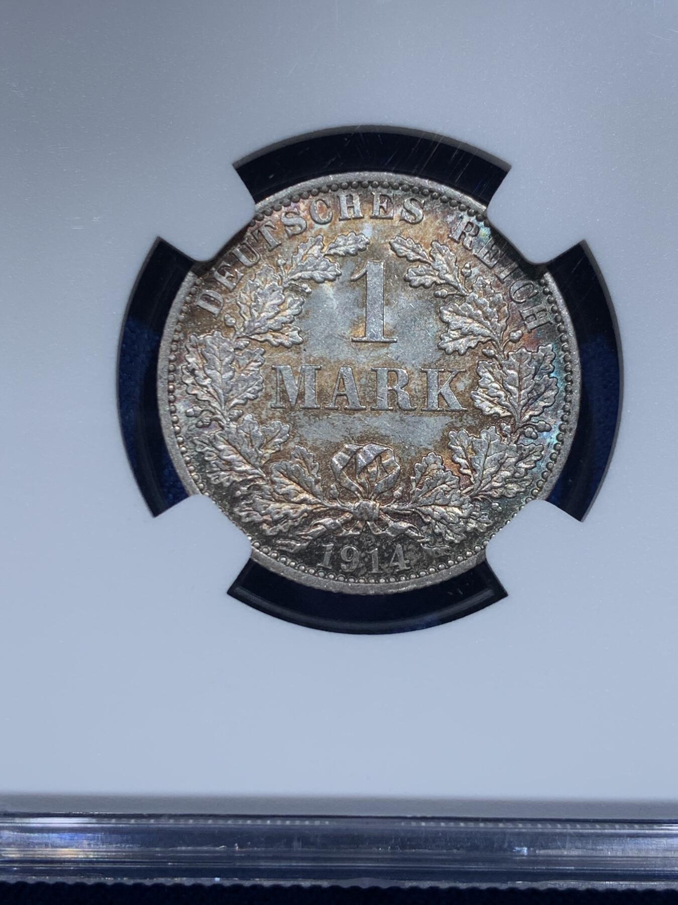 《竞宝斋》第353场 周日，周一，周二 3场连拍 （全场包邮） NGC MS64 德国1914年1马克银币，双面淡彩包浆