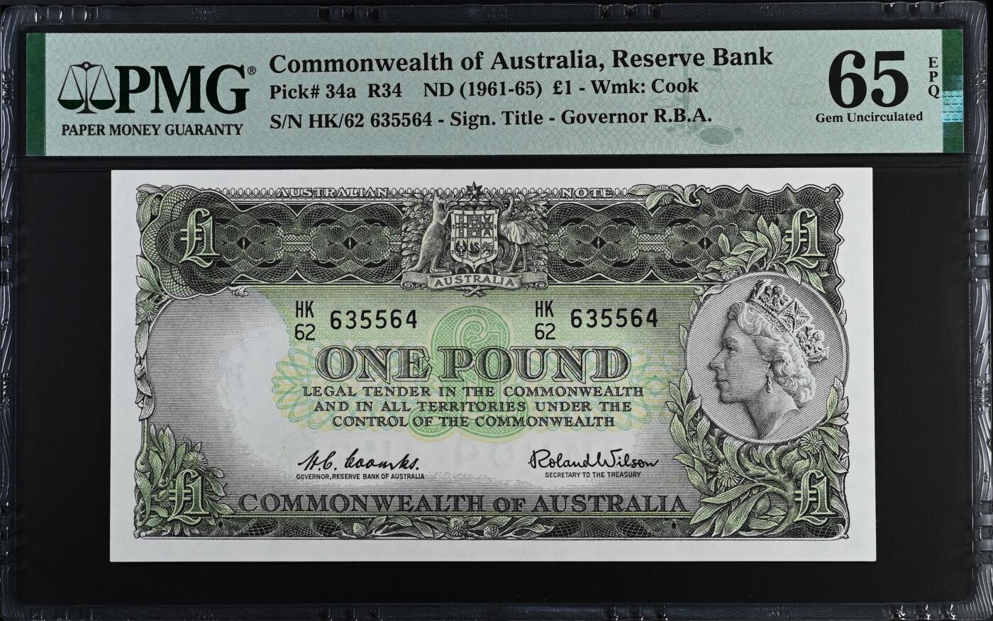 收藏联盟Quantum Auction 第409期拍卖 @征集拍品 长期供货可享分佣福利  1961-65年澳大利亚联邦版1镑 PMG65E Commonwealth of Australia, Reserve Bank, �1 R34    ND (1961-65) - Wmk: Cook