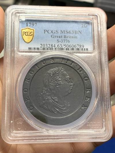 《竞宝斋》第353场 周日，周一，周二 3场连拍 （全场包邮） - PCGS MS63BN 英国 1797年  大车轮2便士 极美巧克力包浆