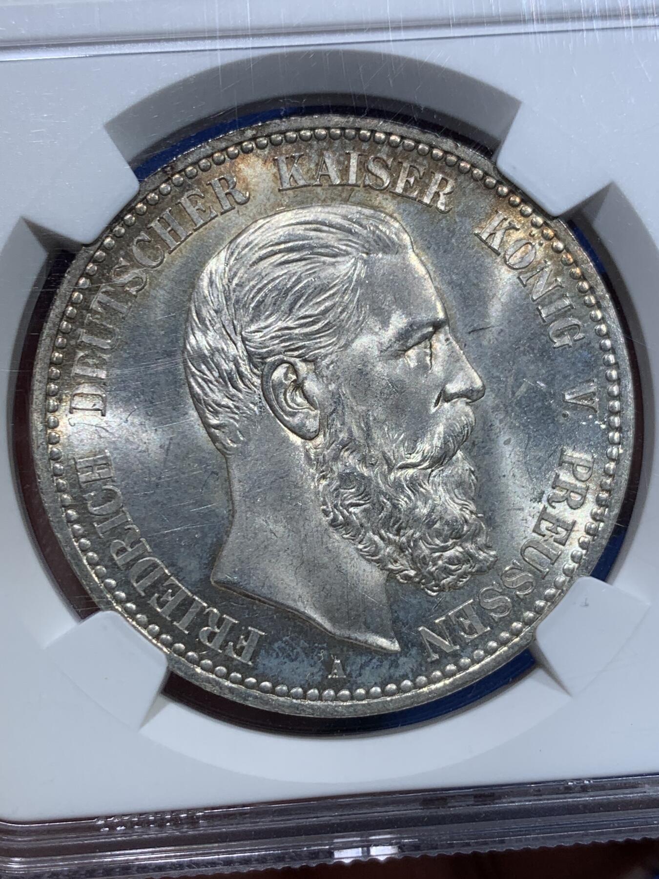 《竞宝斋》第353场 周日，周一，周二 3场连拍 （全场包邮） NGC MS63+ 德国1888年弗里德里希5马克大银币