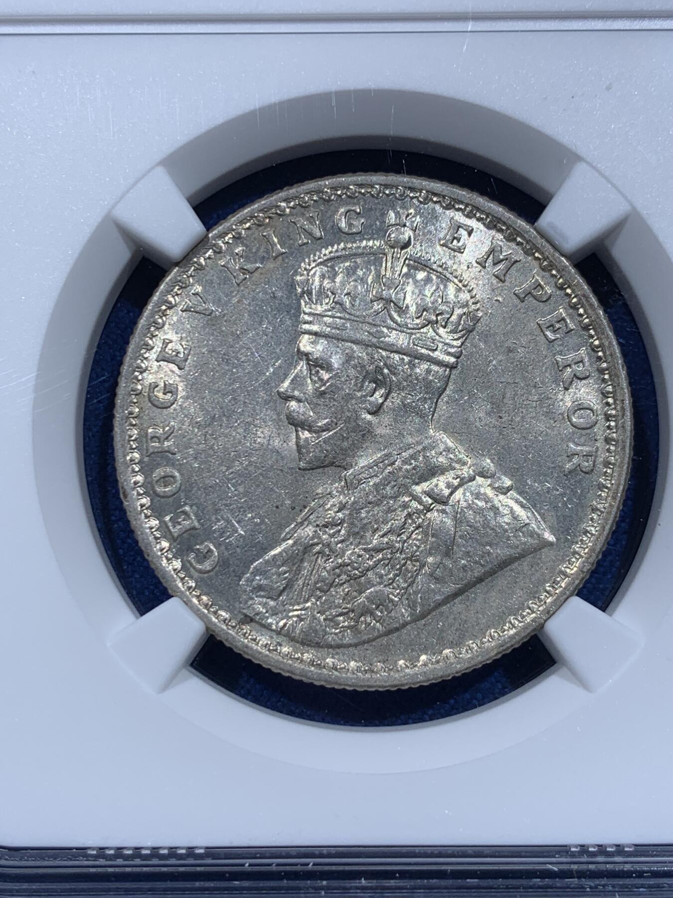 《竞宝斋》第354场 周日，周一，周二 3场连拍 （全场包邮） NGC MS62 英属印度 1913B 乔治五世1卢比银币