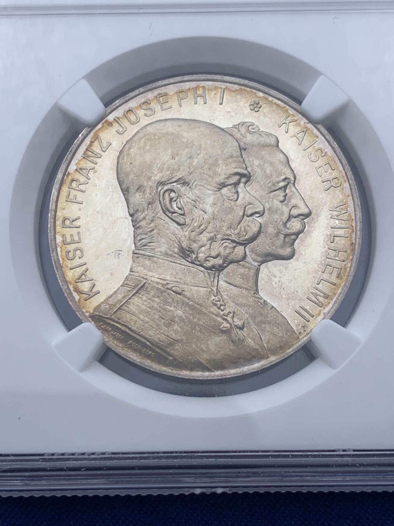《竞宝斋》第354场 周日，周一，周二 3场连拍 （全场包邮） NGC MS62PL 德国1914年德奥同盟纪念银章 德奥首脑与盾徽结合 深度镜面感类精制工艺 浮雕感极强