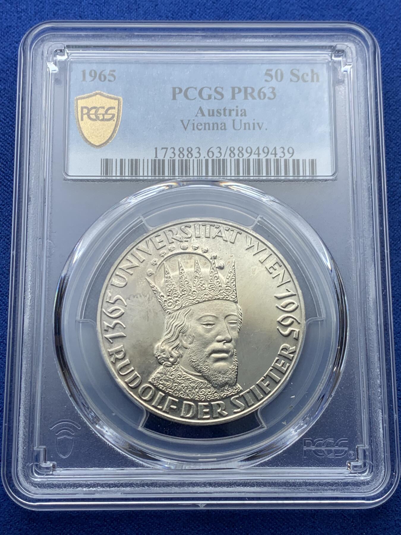 《竞宝斋》第353场 周日，周一，周二 3场连拍 （全场包邮） 4枚一组 PCGS PR66/67/64/63 奥地利1966/1965年维也纳大学5/10/25/50先令精制纪念银币，带包浆，送原装纪念册