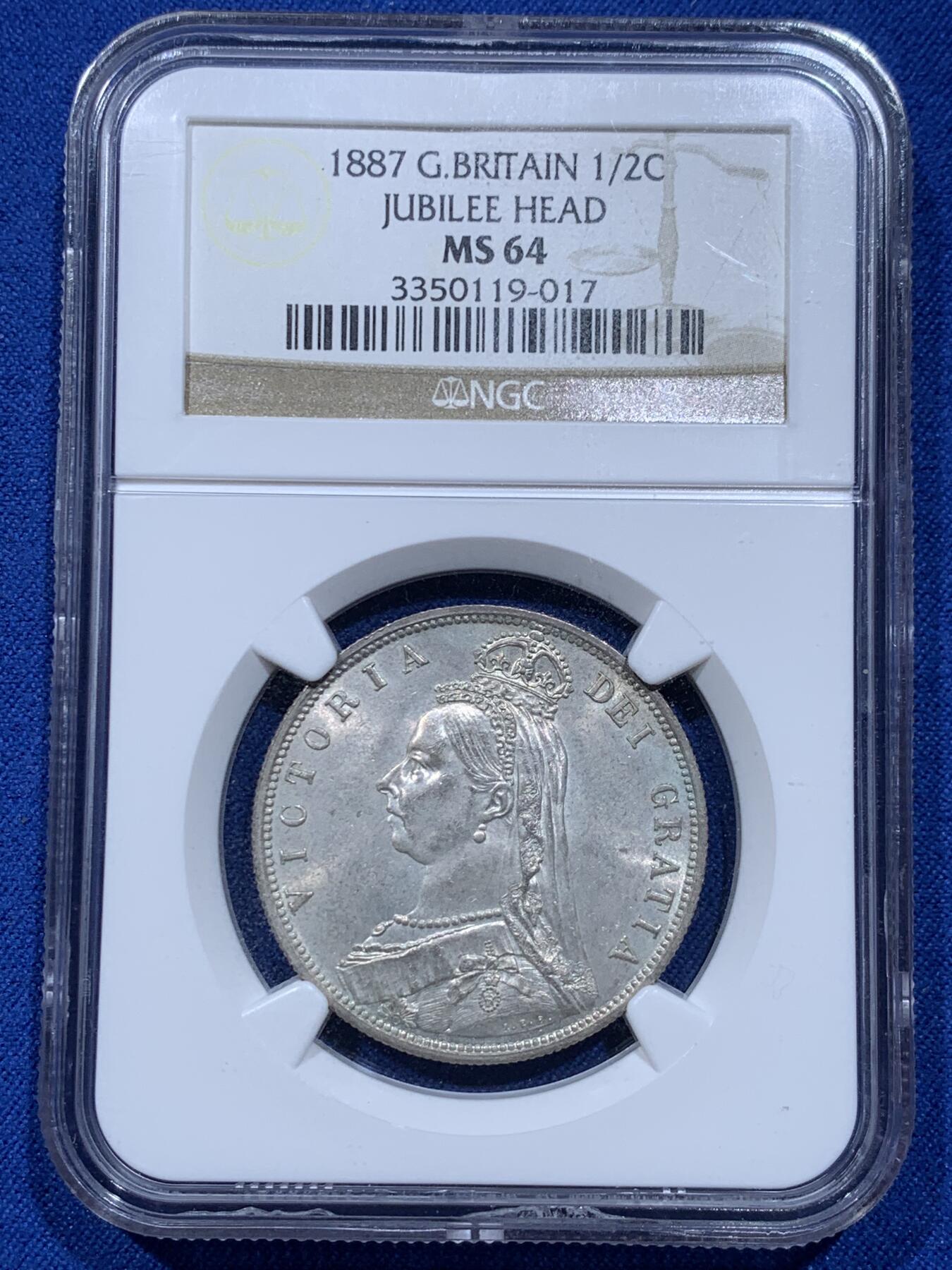 《竞宝斋》第354场 周日，周一，周二 3场连拍 （全场包邮） NGC MS64 英国1887年维多利亚高冠1/2克朗银币