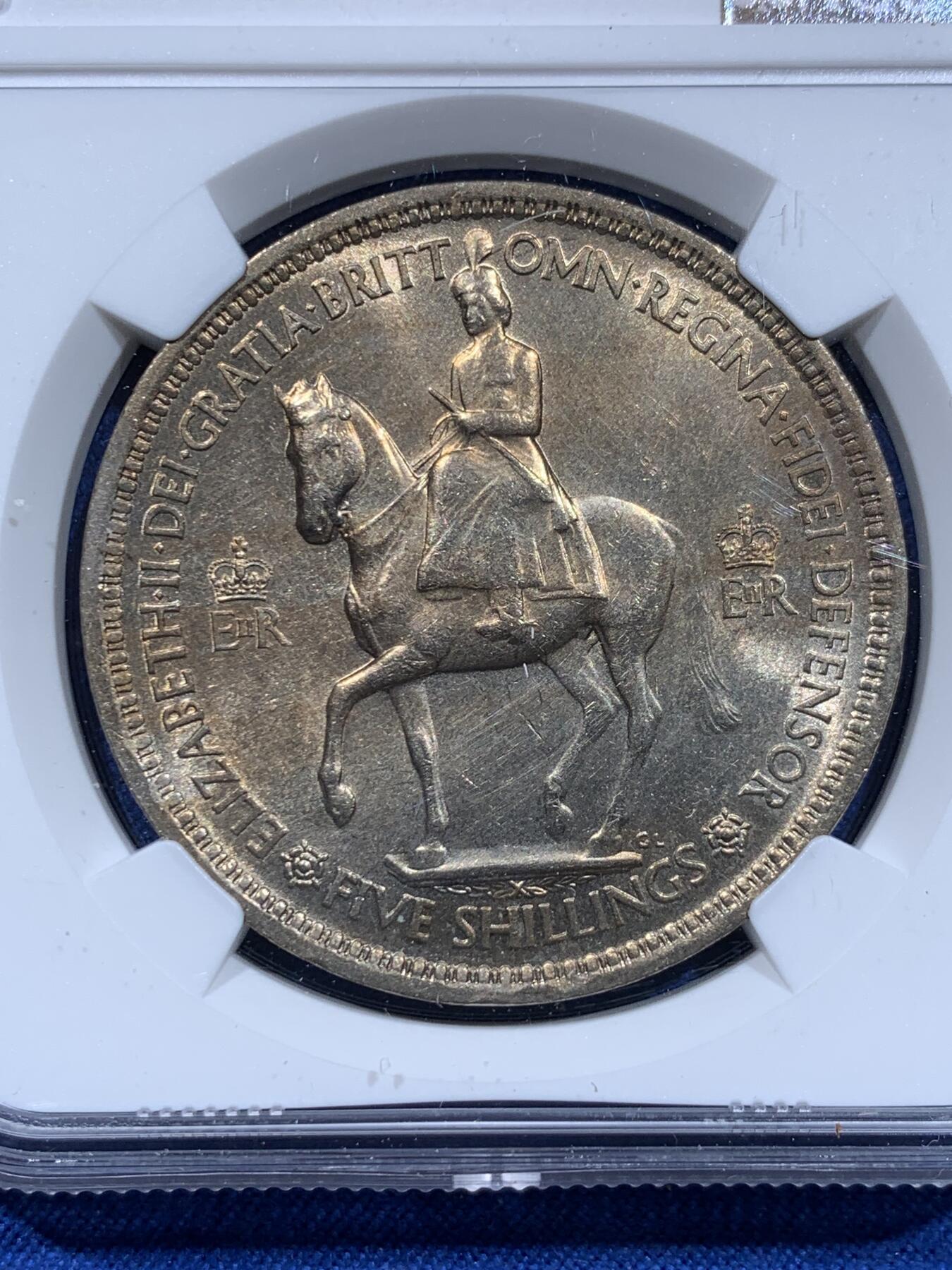 《竞宝斋》第354场 周日，周一，周二 3场连拍 （全场包邮） NGC UNC 英国1953伊丽莎白二世登基加冕克朗纪念币，车轮光状态UNC品不输带分品！
