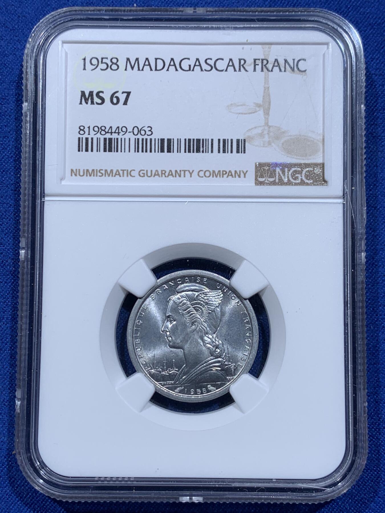 《竞宝斋》第354场 周日，周一，周二 3场连拍 （全场包邮） NGC MS67 法属马达加斯加1法郎，拆卷评级高分，铝币出高分不容易，冠军分！