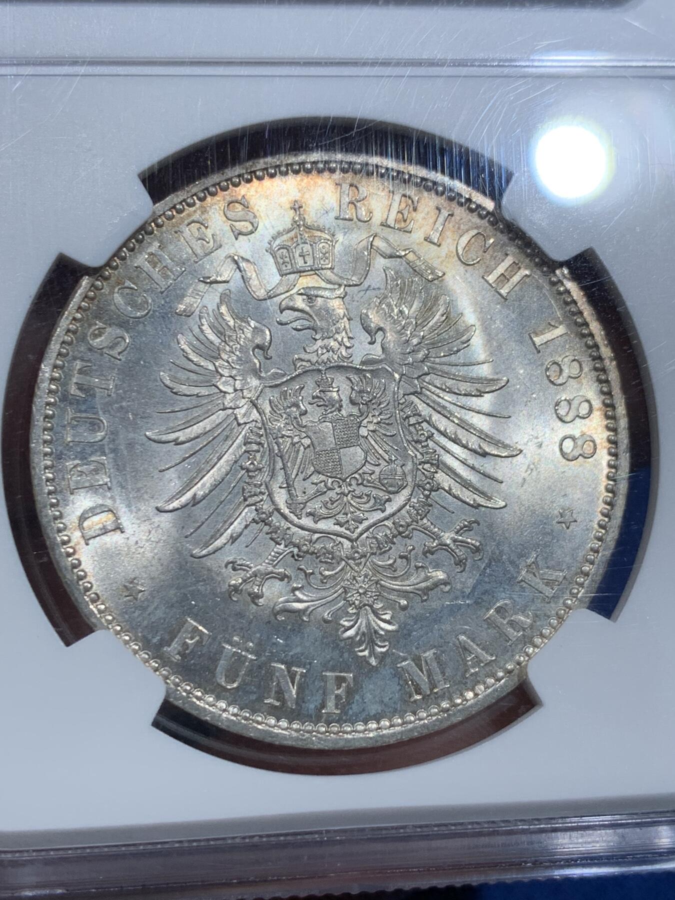 《竞宝斋》第353场 周日，周一，周二 3场连拍 （全场包邮） NGC MS63+ 德国1888年弗里德里希5马克大银币