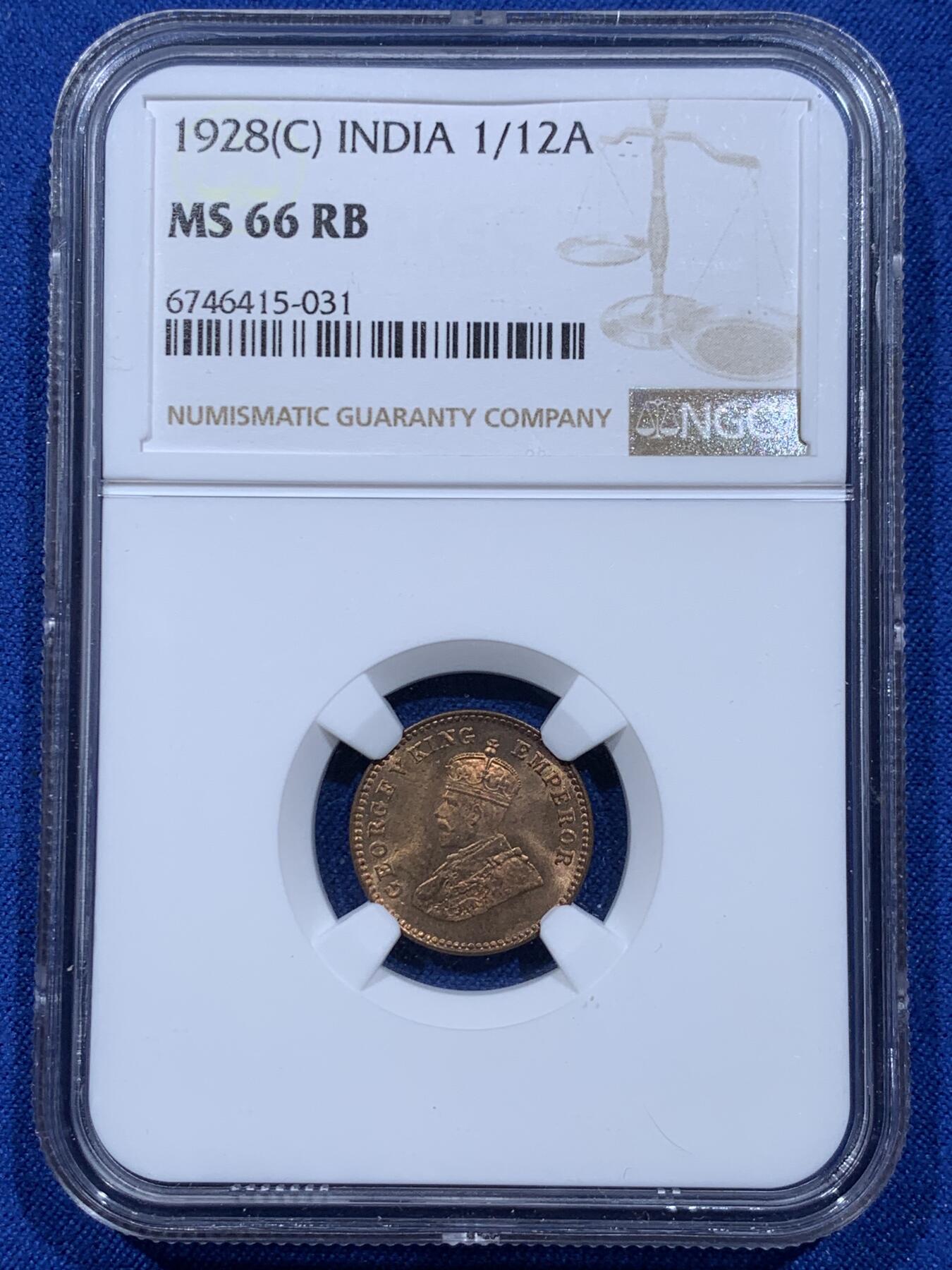 《竞宝斋》第354场 周日，周一，周二 3场连拍 （全场包邮） NGC MS66RB 英属印度 1928年（C）1/12A 铜币 冠军高分