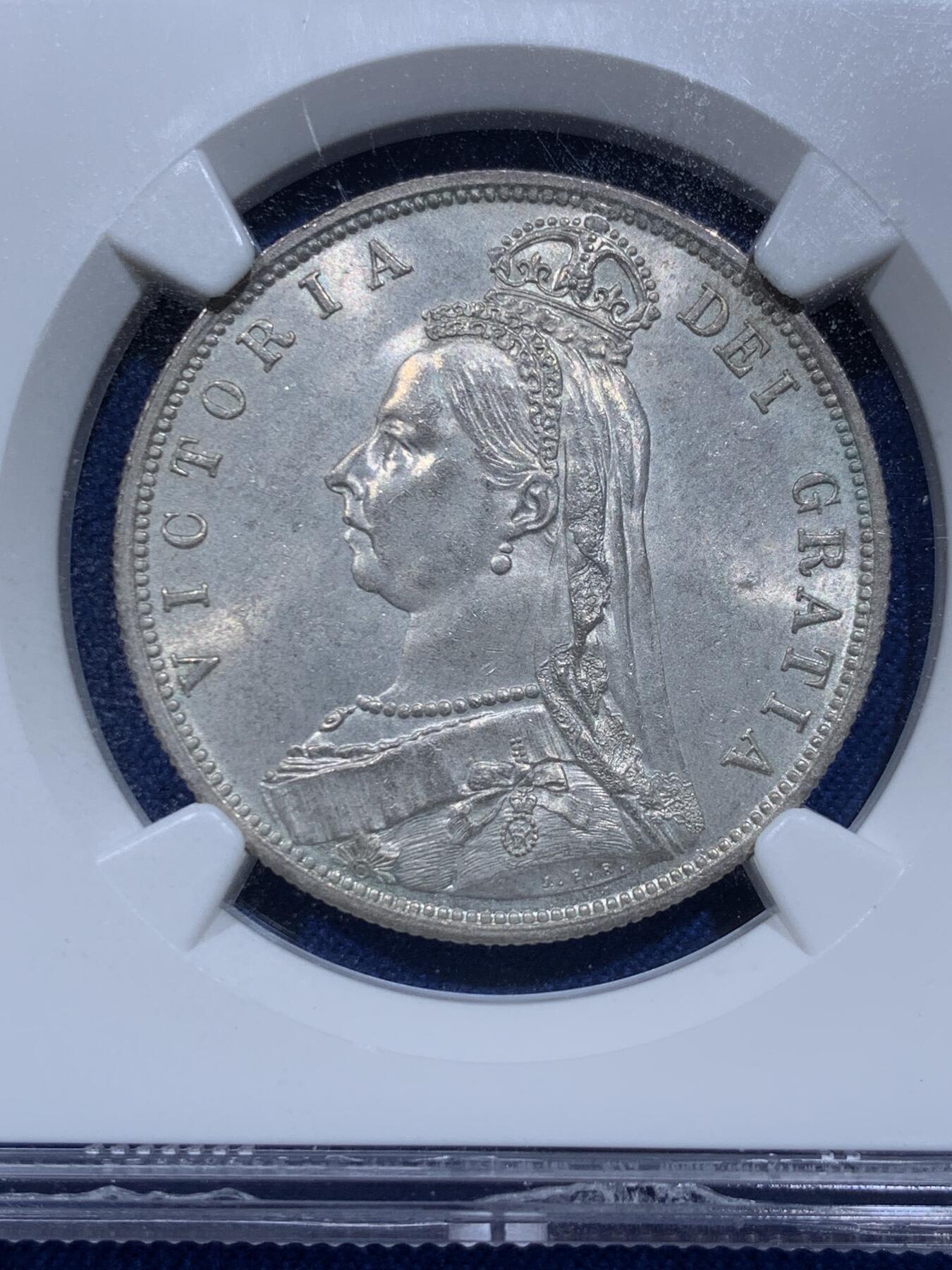 《竞宝斋》第354场 周日，周一，周二 3场连拍 （全场包邮） NGC MS64 英国1887年维多利亚高冠1/2克朗银币