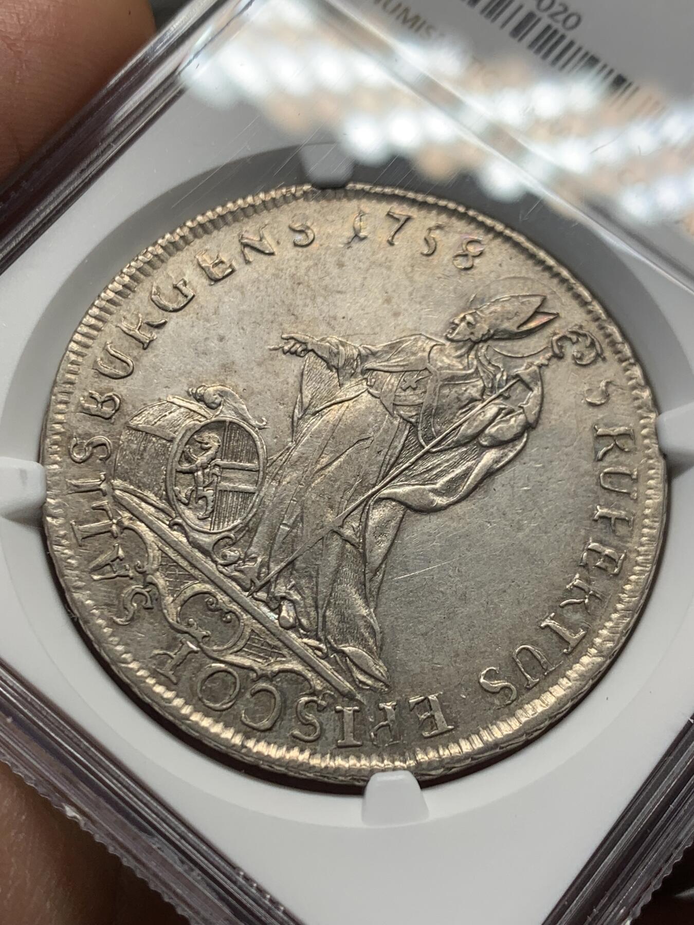 《竞宝斋》第353场 周日，周一，周二 3场连拍 （全场包邮） NGC AU55 萨尔茨堡 1758年 西格斯蒙德主教泰勒大银币 非常少见的一枚 状态极好 略微低评